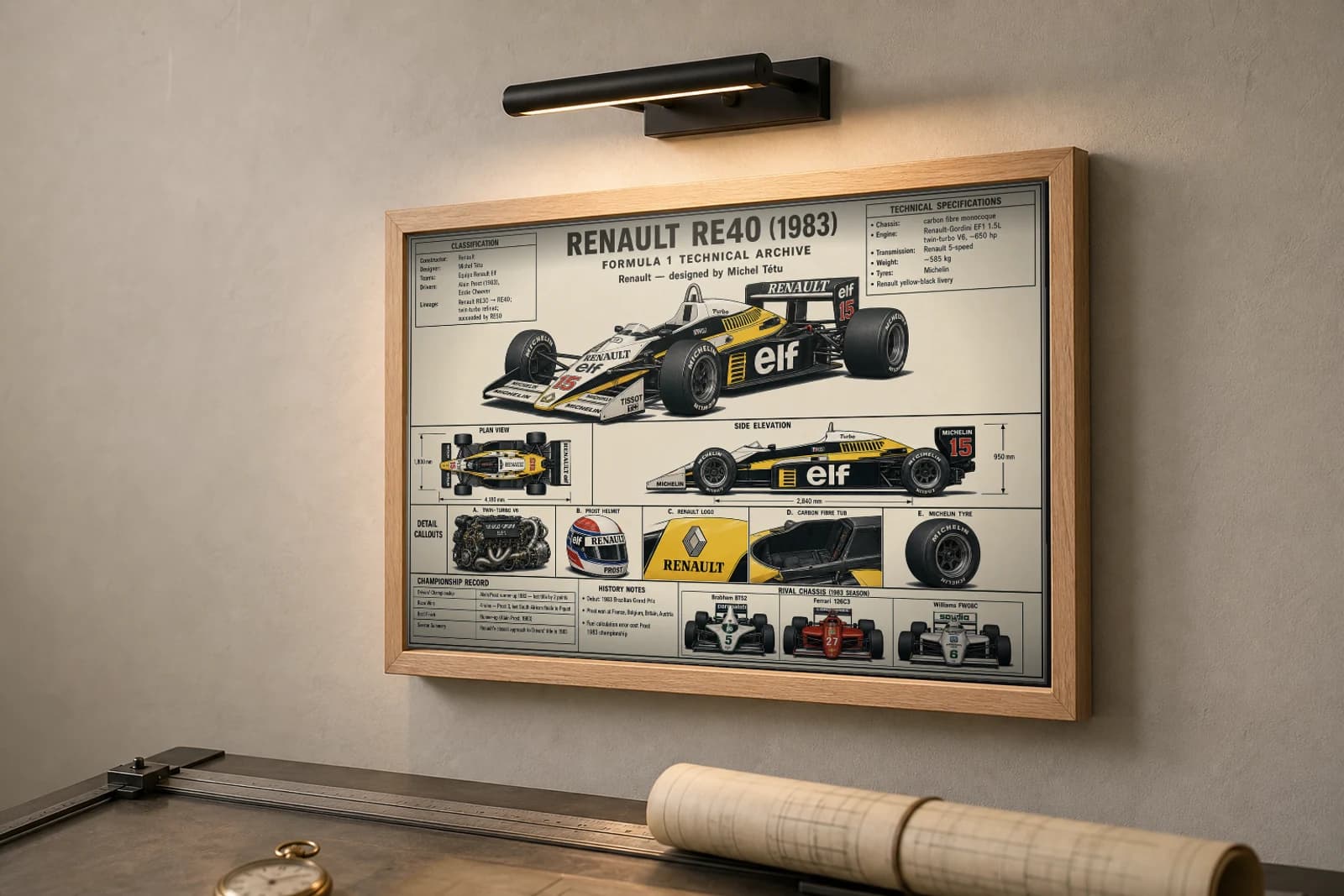 RENAULT RE40 Poster — 1983 F1 Technical Archive Blueprint Wall Art · framed A2 — the framed print shown at a three-quarter angle on a styled gallery wall in a natural-oak frame