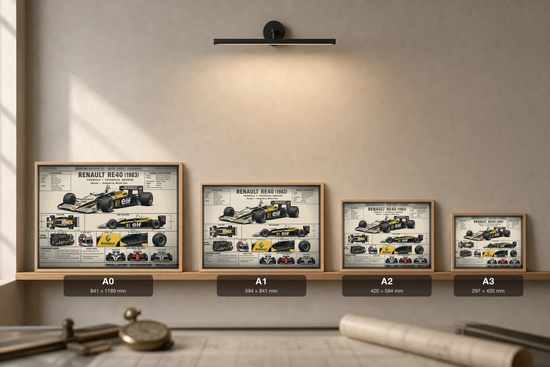 RENAULT RE40 Poster — 1983 F1 Technical Archive Blueprint Wall Art · framed A2 — print size guide showing the artwork at A0, A1, A2 and A3 in natural-oak frames at true relative scale