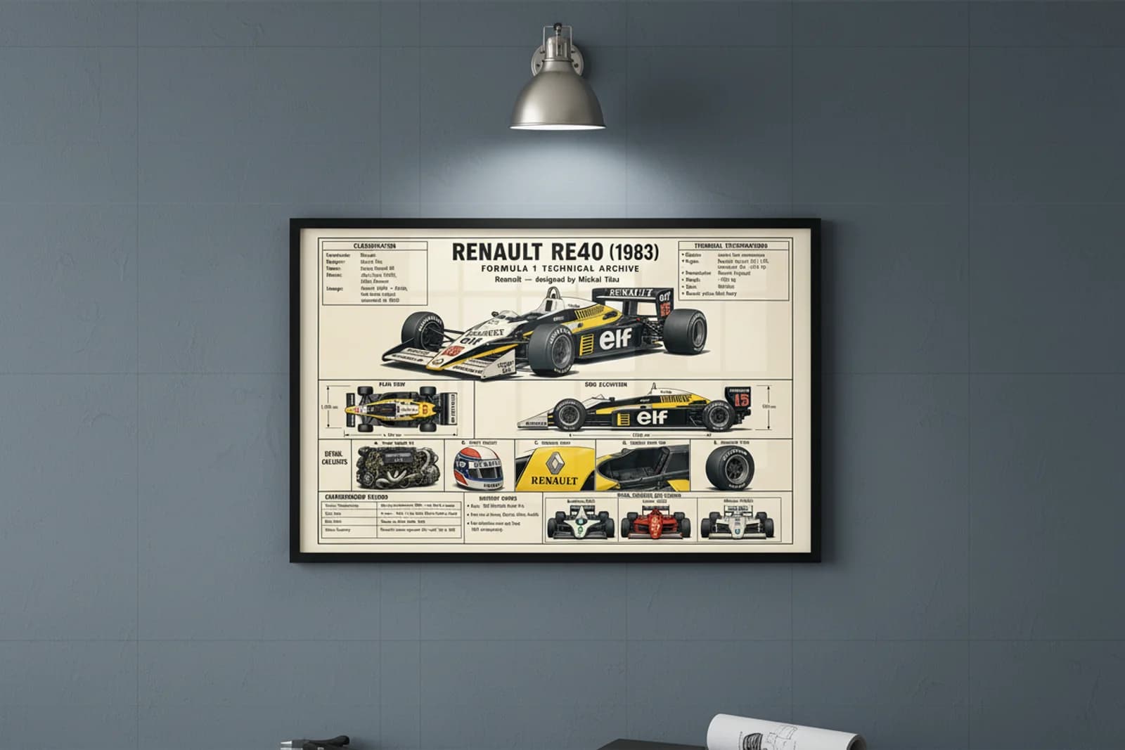 RE40 F1 Technical Archive print in black A2 frame on renault-yellow blueprint-indigo wall — engineering studio mockup