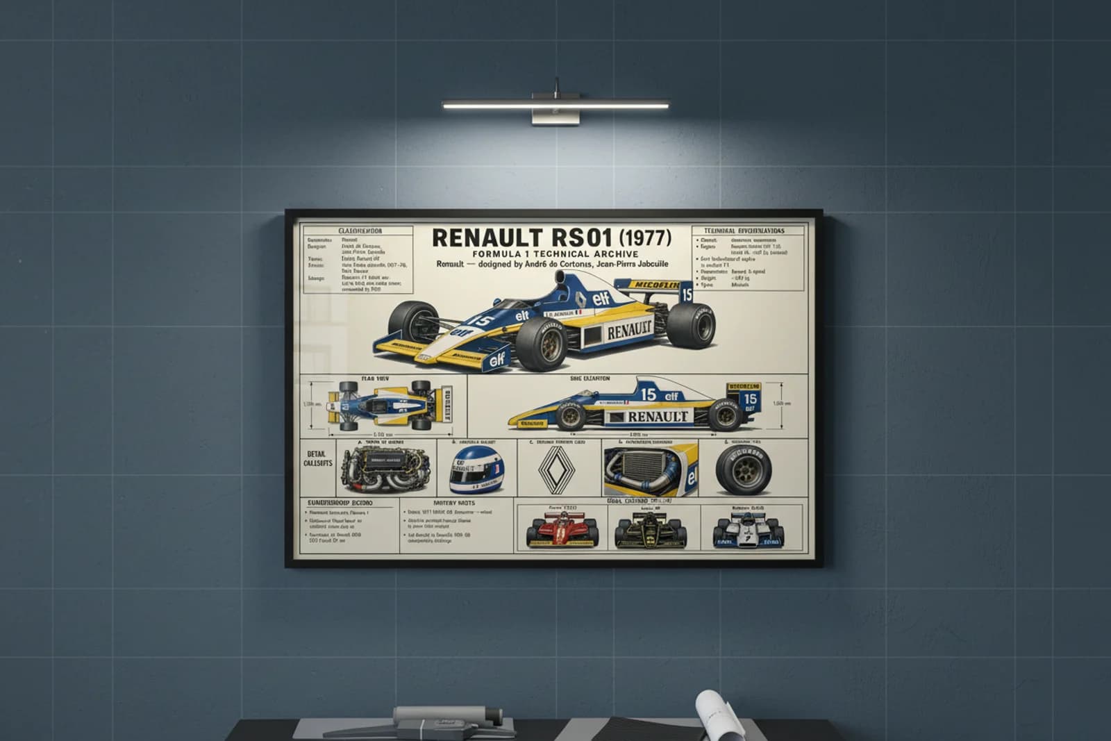 RS01 F1 Technical Archive print in black A2 frame on renault-yellow blueprint-indigo wall — engineering studio mockup