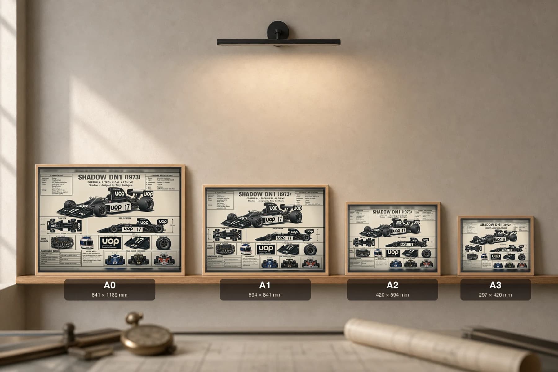 SHADOW DN1 Poster — 1973 F1 Technical Archive Blueprint Wall Art · framed A2 — print size guide showing the artwork at A0, A1, A2 and A3 in natural-oak frames at true relative scale