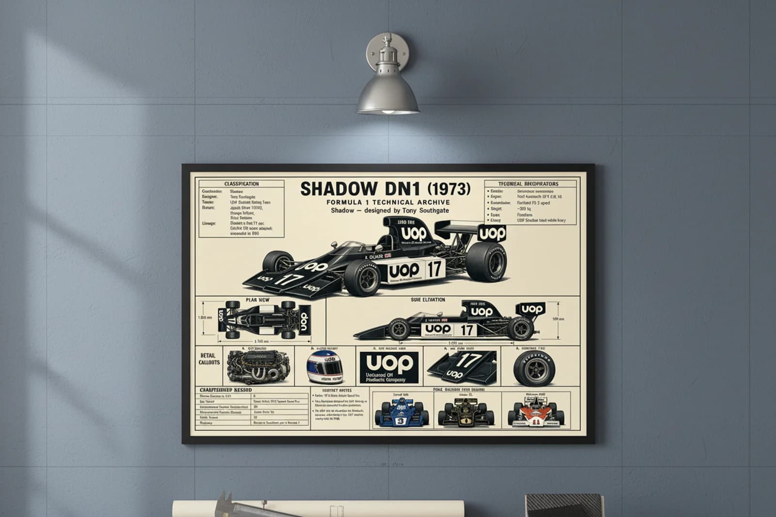 DN1 F1 Technical Archive print in black A2 frame on shadow-black blueprint-indigo wall — engineering studio mockup