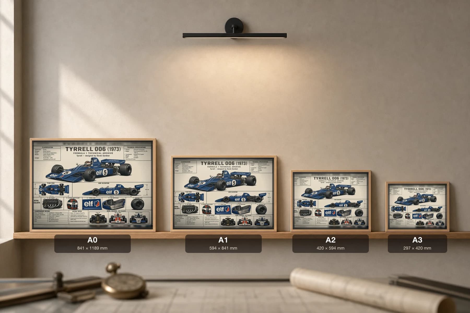 TYRRELL 006 Poster — 1973 F1 Technical Archive Blueprint Wall Art · framed A2 — print size guide showing the artwork at A0, A1, A2 and A3 in natural-oak frames at true relative scale