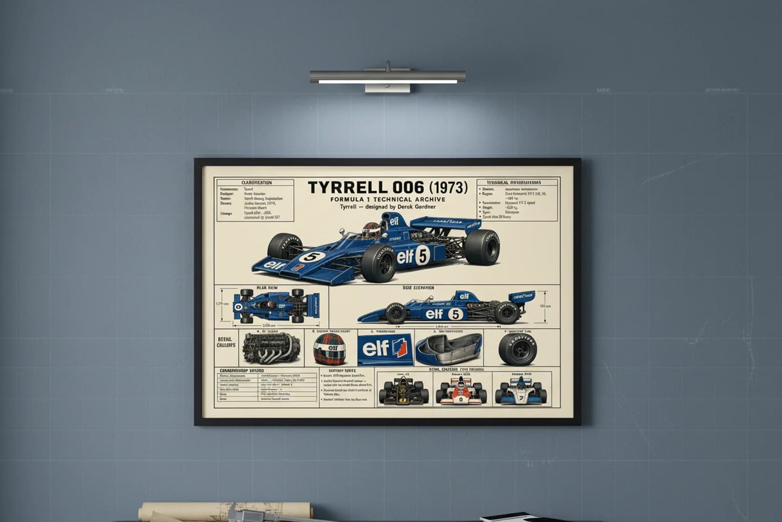 006 F1 Technical Archive print in black A2 frame on tyrrell-green blueprint-indigo wall — engineering studio mockup