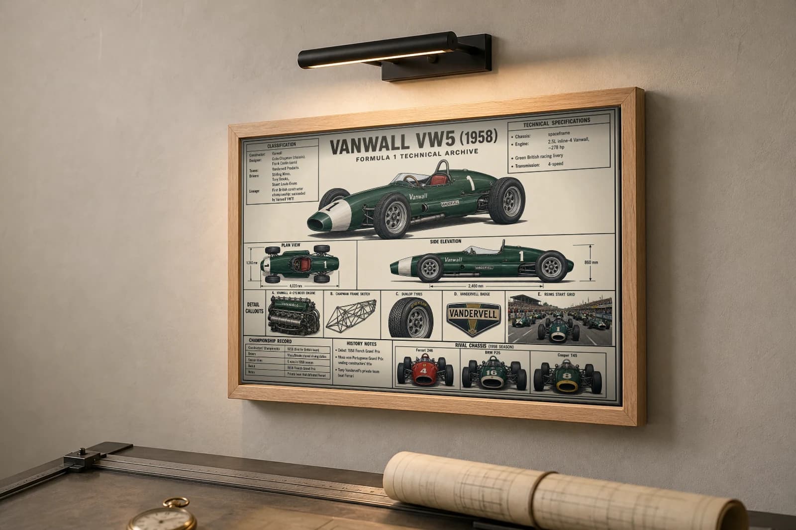 VANWALL VW5 Poster — 1958 F1 Technical Archive Blueprint Wall Art · framed A2 — the framed print shown at a three-quarter angle on a styled gallery wall in a natural-oak frame