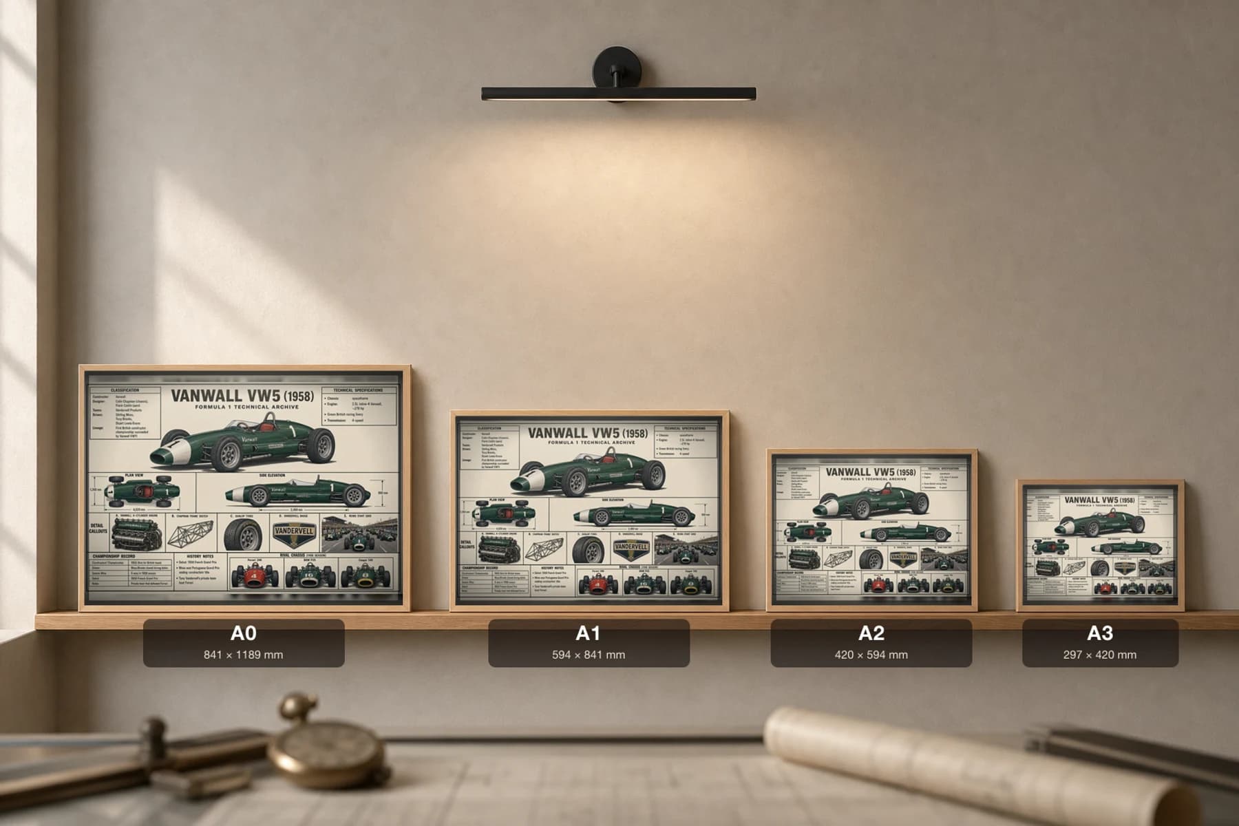 VANWALL VW5 Poster — 1958 F1 Technical Archive Blueprint Wall Art · framed A2 — print size guide showing the artwork at A0, A1, A2 and A3 in natural-oak frames at true relative scale