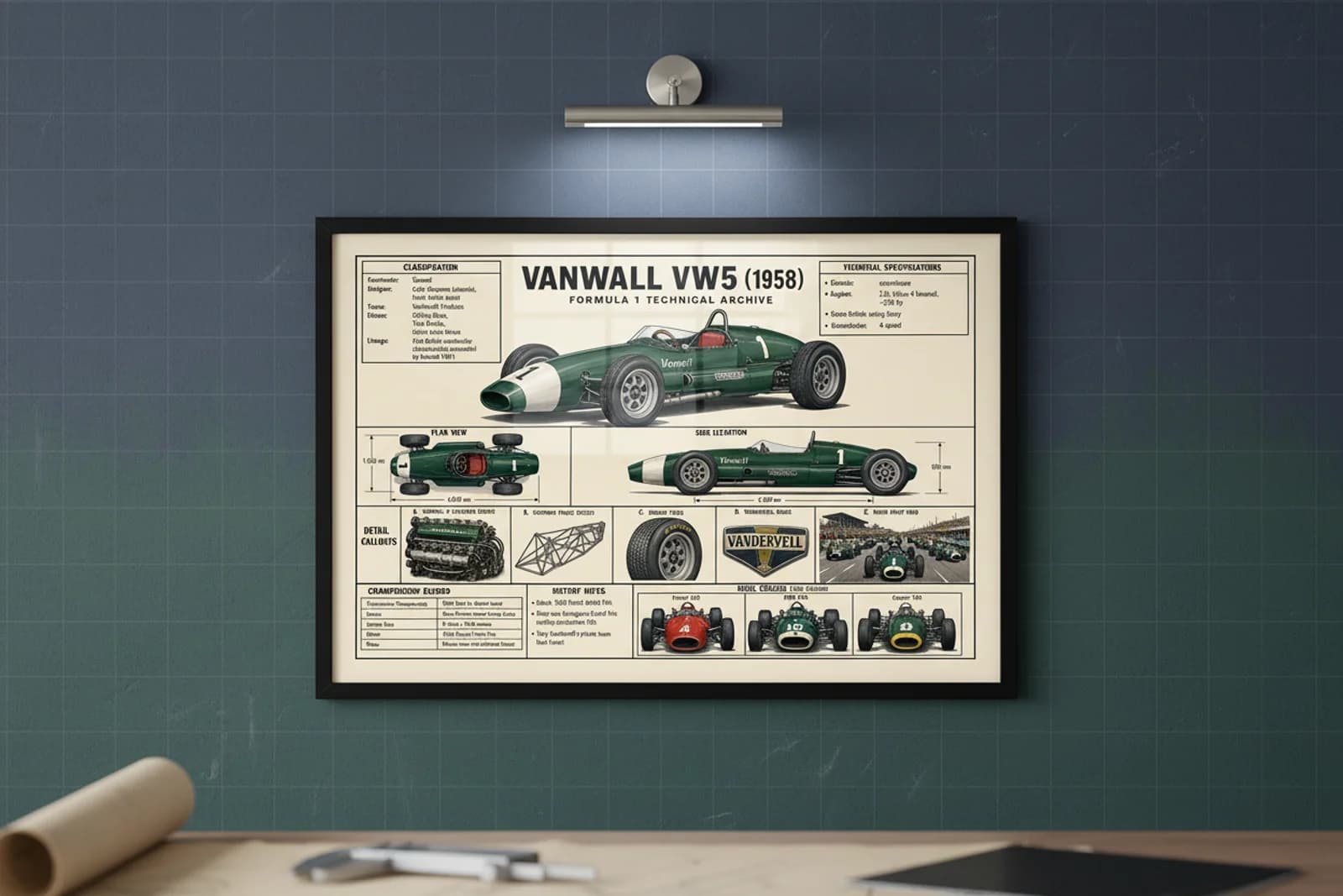 VW5 F1 Technical Archive print in black A2 frame on vanwall-green blueprint-indigo wall — engineering studio mockup