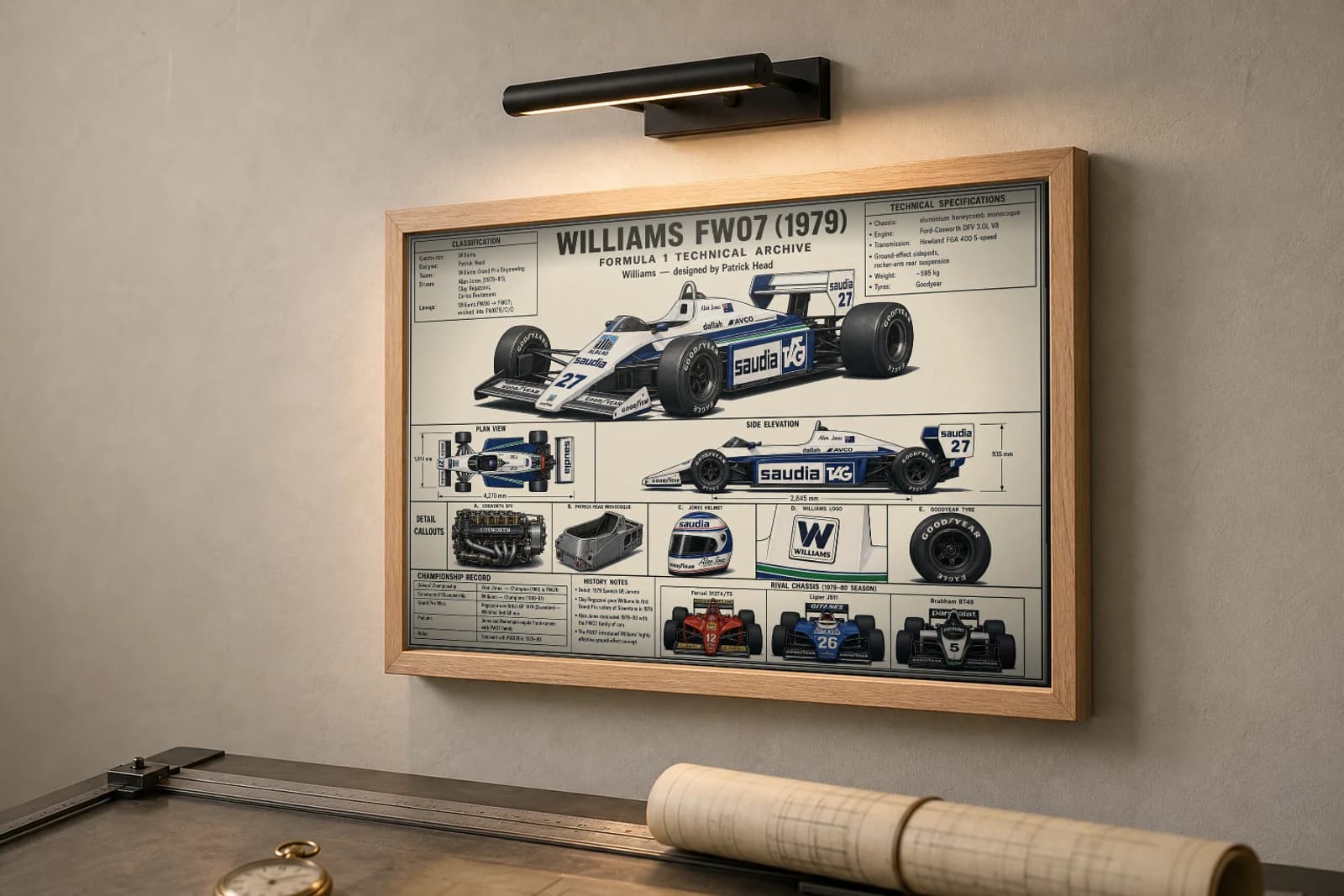 WILLIAMS FW07 Poster — 1979 F1 Technical Archive Blueprint Wall Art · framed A2 — the framed print shown at a three-quarter angle on a styled gallery wall in a natural-oak frame