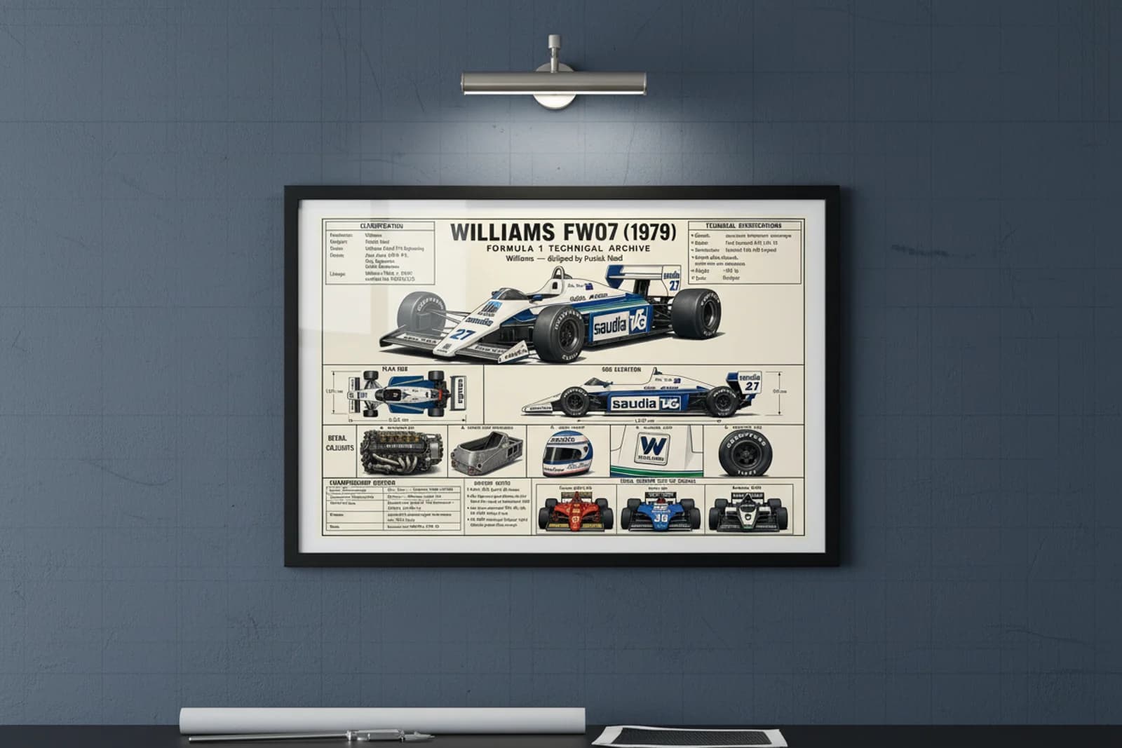 FW07 F1 Technical Archive print in black A2 frame on williams-blue blueprint-indigo wall — engineering studio mockup