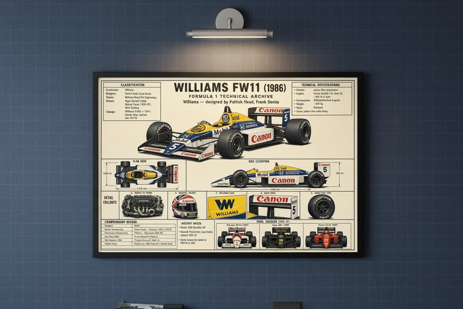 FW11 F1 Technical Archive print in black A2 frame on williams-blue blueprint-indigo wall — engineering studio mockup