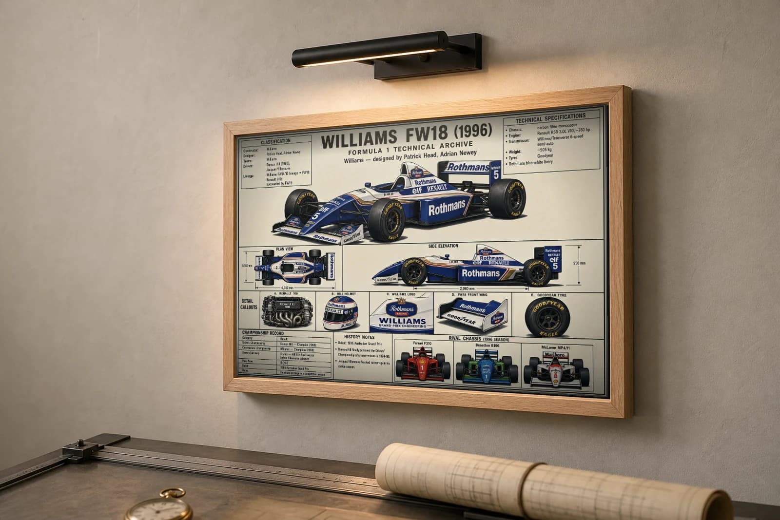 WILLIAMS FW18 Poster — 1996 F1 Technical Archive Blueprint Wall Art · framed A2 — the framed print shown at a three-quarter angle on a styled gallery wall in a natural-oak frame