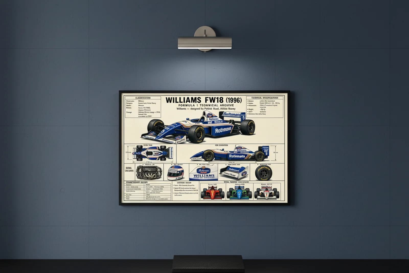 FW18 F1 Technical Archive print in black A2 frame on williams-blue blueprint-indigo wall — engineering studio mockup