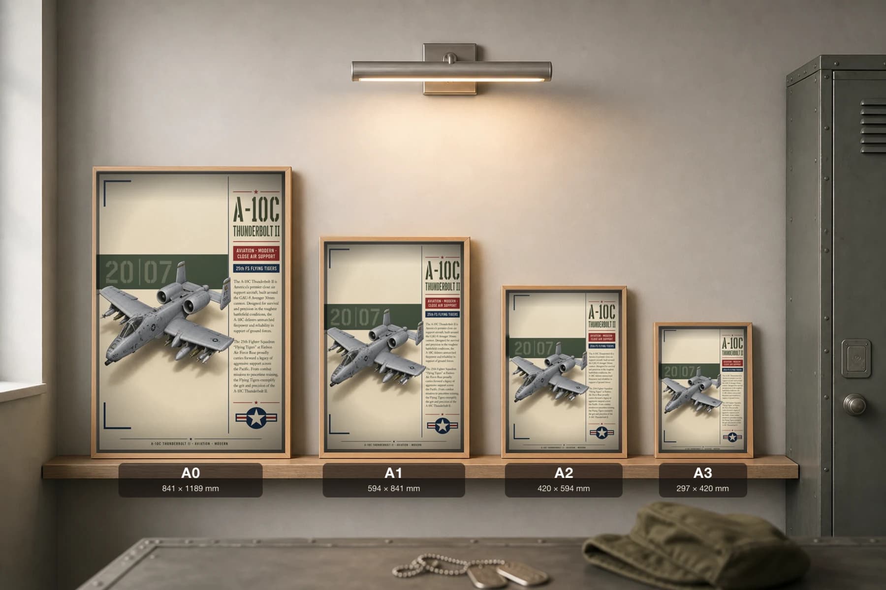 A-10C Thunderbolt II Poster — 25th FS Flying Tigers military aviation wall art · framed A2 · 2007 — print size guide showing the artwork at A0, A1, A2 and A3 in natural-oak frames at true relative scale
