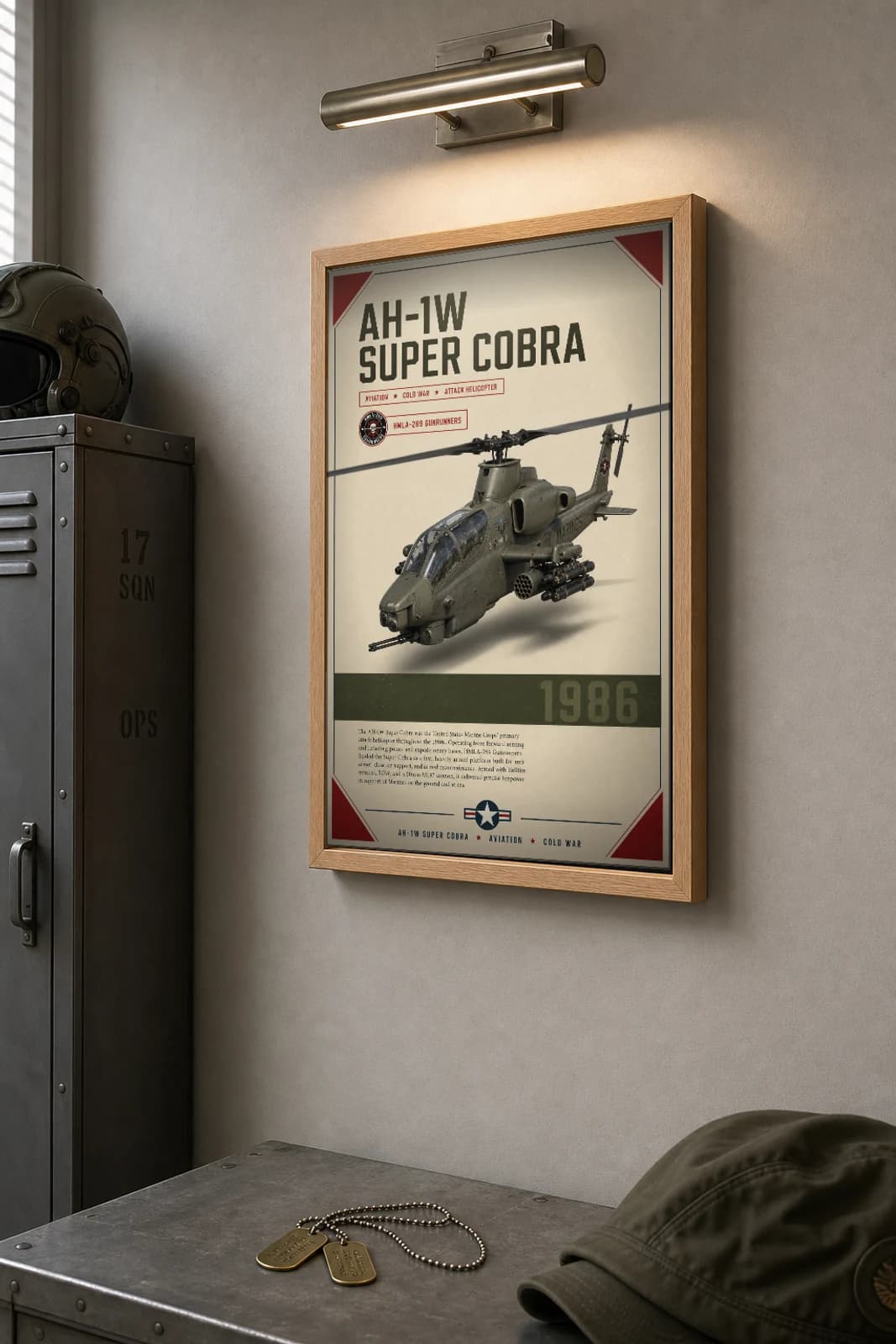 AH-1W Super Cobra Poster — HMLA-269 Gunrunners military aviation wall art · framed A2 · 1986 — the framed print shown at a three-quarter angle on a styled gallery wall in a natural-oak frame