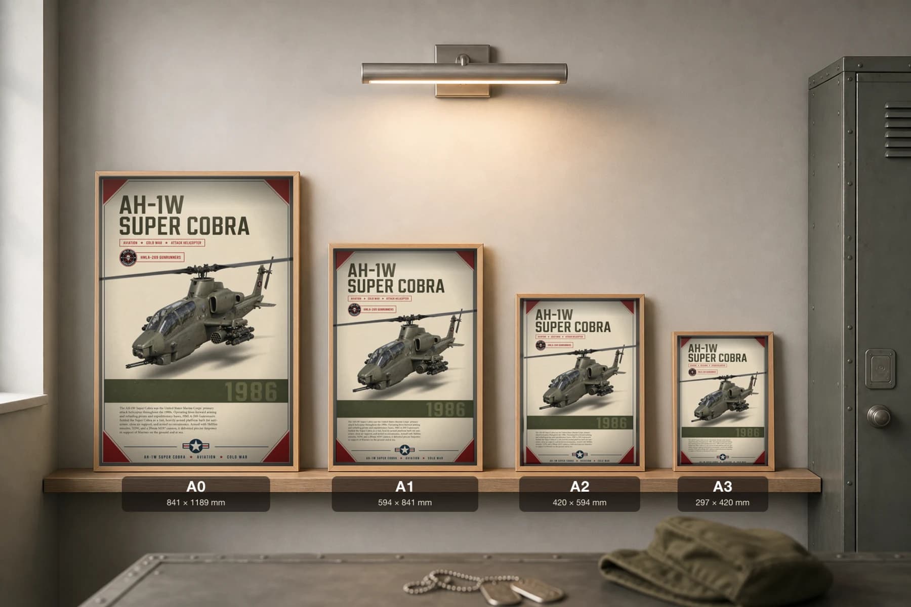 AH-1W Super Cobra Poster — HMLA-269 Gunrunners military aviation wall art · framed A2 · 1986 — print size guide showing the artwork at A0, A1, A2 and A3 in natural-oak frames at true relative scale