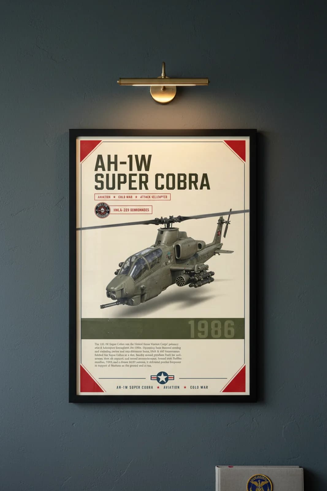 AH-1W Super Cobra aviation poster in black A2 frame on dark-forest-green navy hangar wall — Aviation Heroes mockup