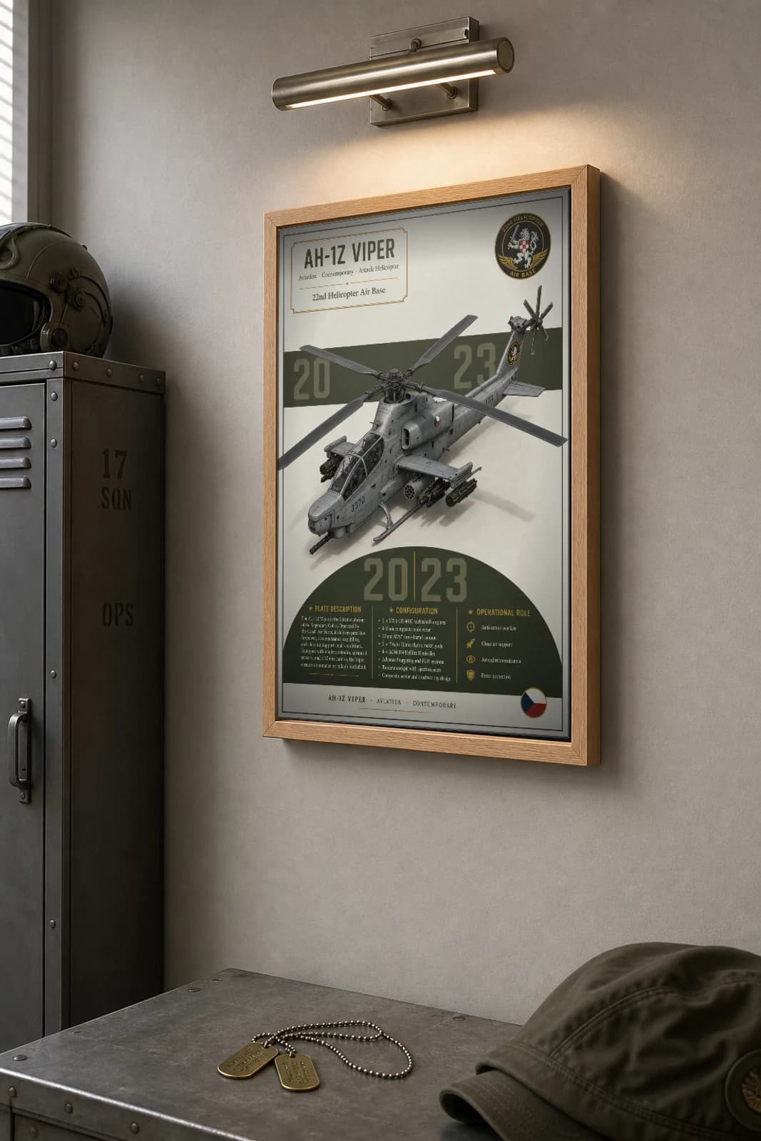 AH-1Z Viper Poster — 22nd Helicopter Air Base military aviation wall art · framed A2 · 2023 — the framed print shown at a three-quarter angle on a styled gallery wall in a natural-oak frame