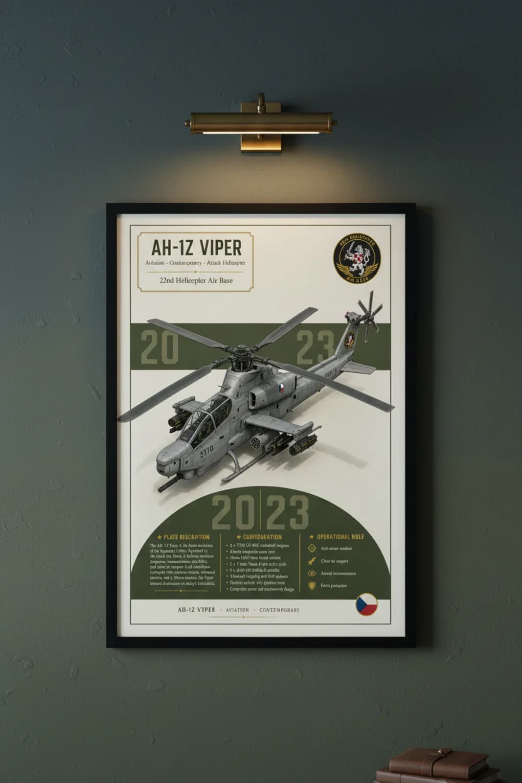 AH-1Z VIPER aviation poster in black A2 frame on olive-green navy hangar wall — Aviation Heroes mockup