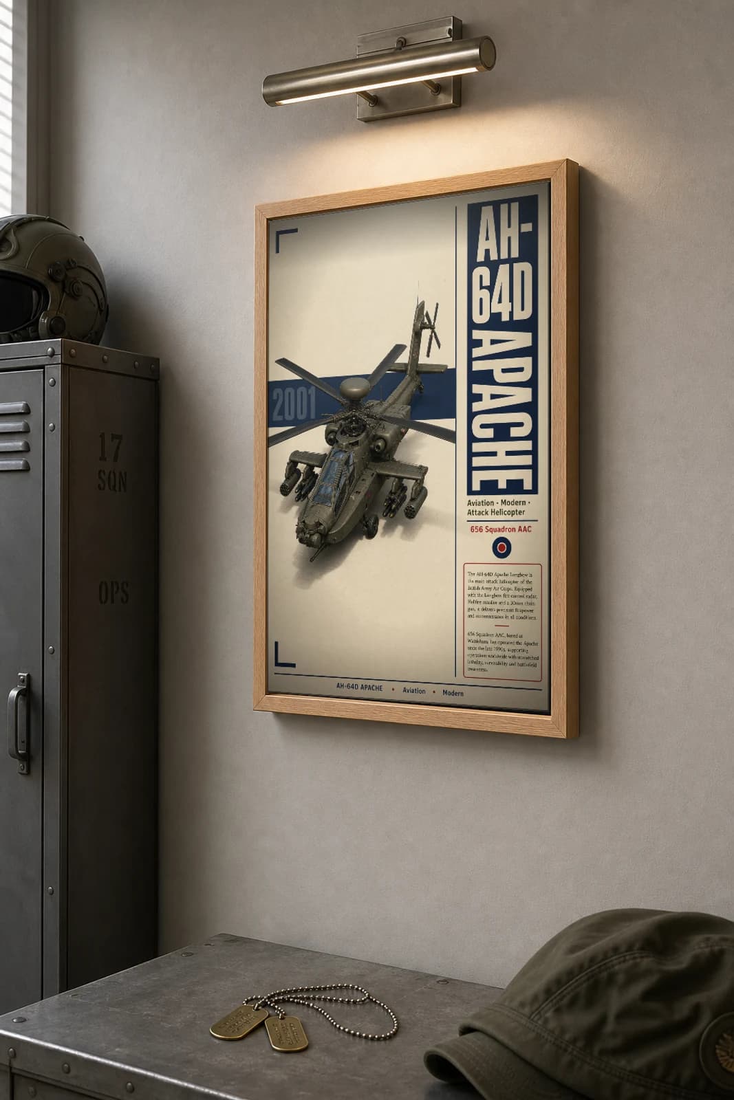 AH-64D Apache Poster — 656 Squadron AAC military aviation wall art · framed A2 · 2001 — the framed print shown at a three-quarter angle on a styled gallery wall in a natural-oak frame