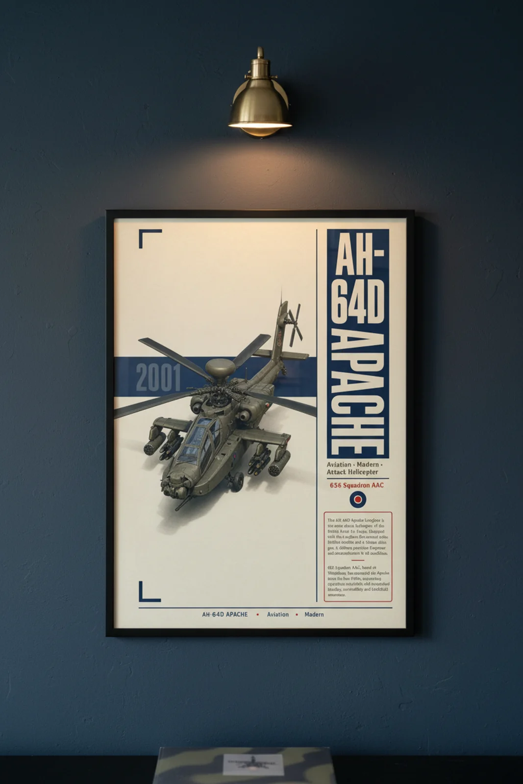 AH-64D Apache aviation poster in black A2 frame on olive-drab navy hangar wall — Aviation Heroes mockup