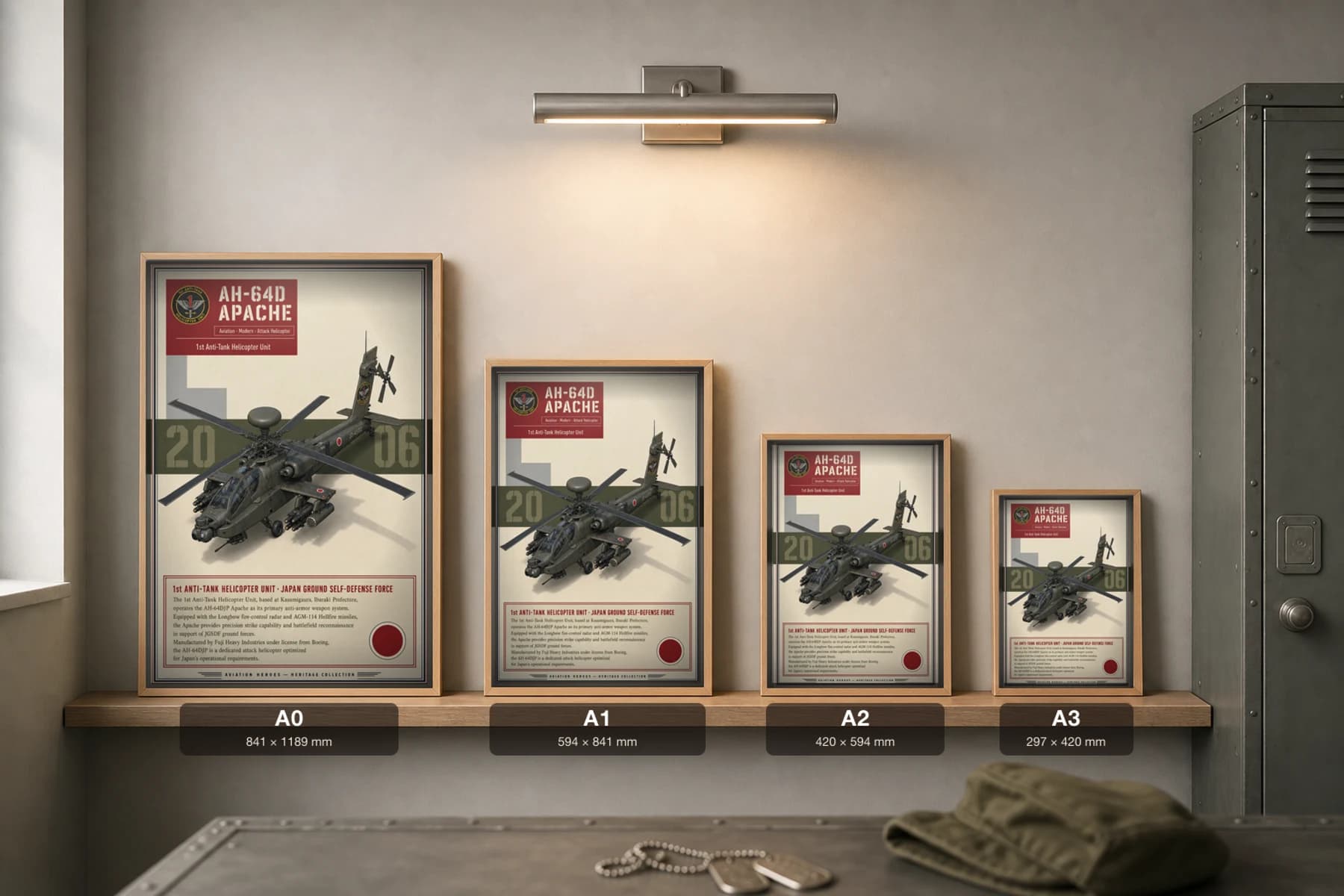 AH-64D Apache Poster — 1st Anti-Tank Helicopter Unit military aviation wall art · framed A2 · 2006 — print size guide showing the artwork at A0, A1, A2 and A3 in natural-oak frames at true relative scale