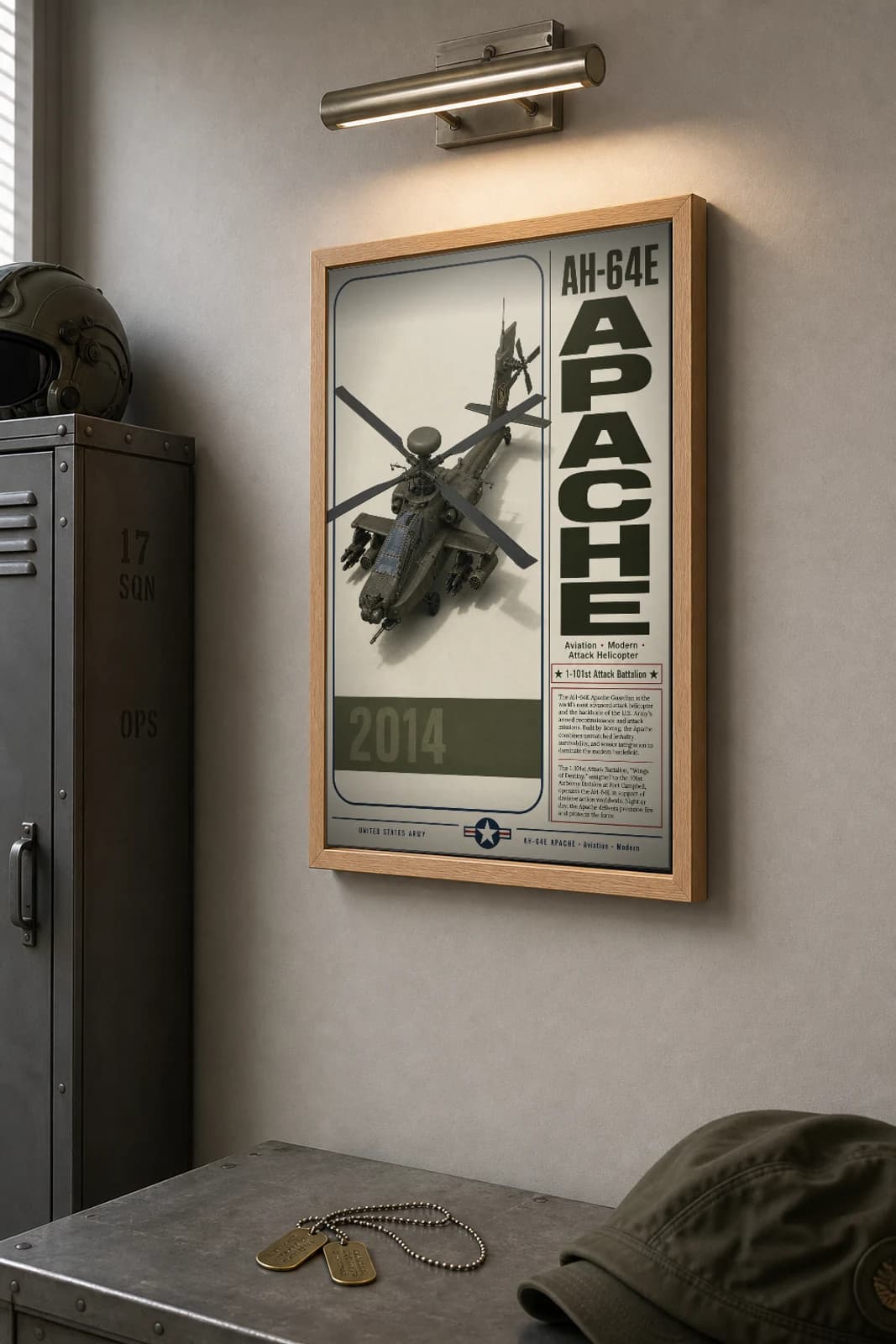 AH-64E Apache Poster — 1-101st Attack Battalion military aviation wall art · framed A2 · 2014 — the framed print shown at a three-quarter angle on a styled gallery wall in a natural-oak frame