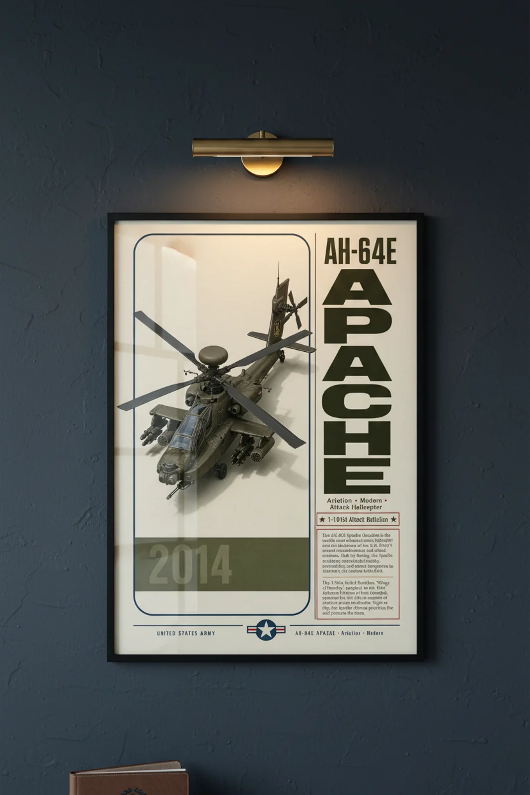 AH-64E Apache aviation poster in black A2 frame on olive-drab navy hangar wall — Aviation Heroes mockup