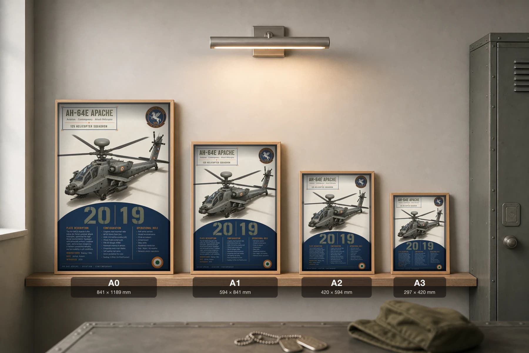 AH-64E Apache Poster — 125 Helicopter Squadron military aviation wall art · framed A2 · 2019 — print size guide showing the artwork at A0, A1, A2 and A3 in natural-oak frames at true relative scale