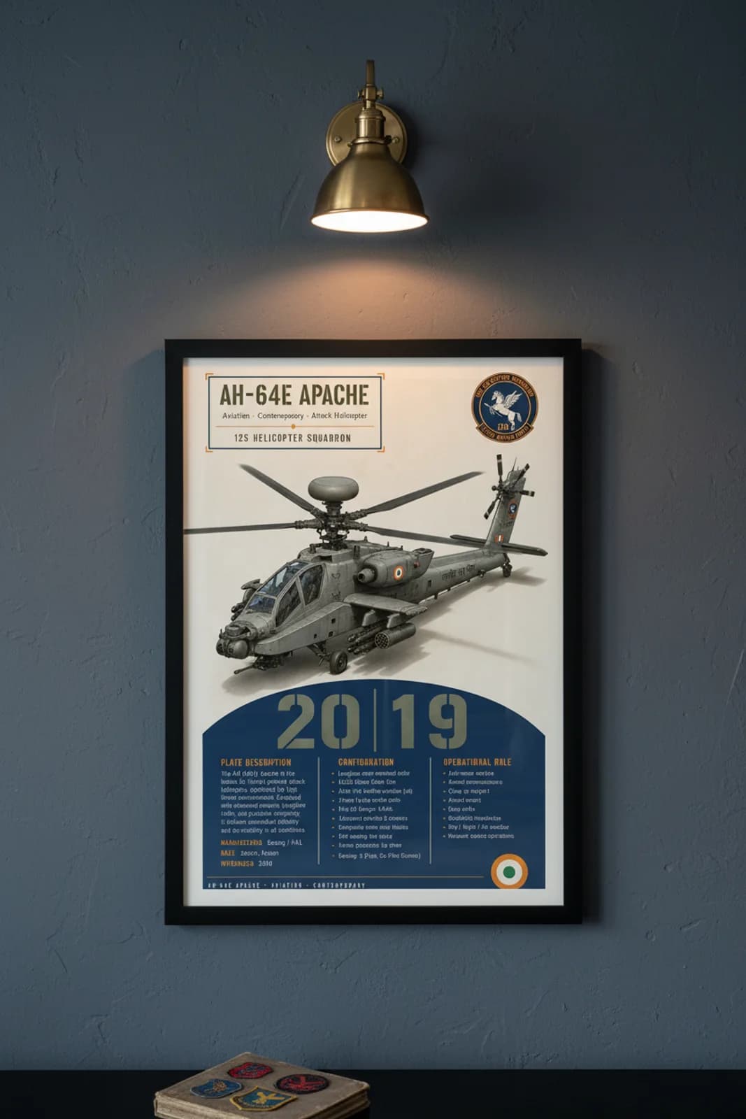 AH-64E Apache aviation poster in black A2 frame on matte-military-grey navy hangar wall — Aviation Heroes mockup