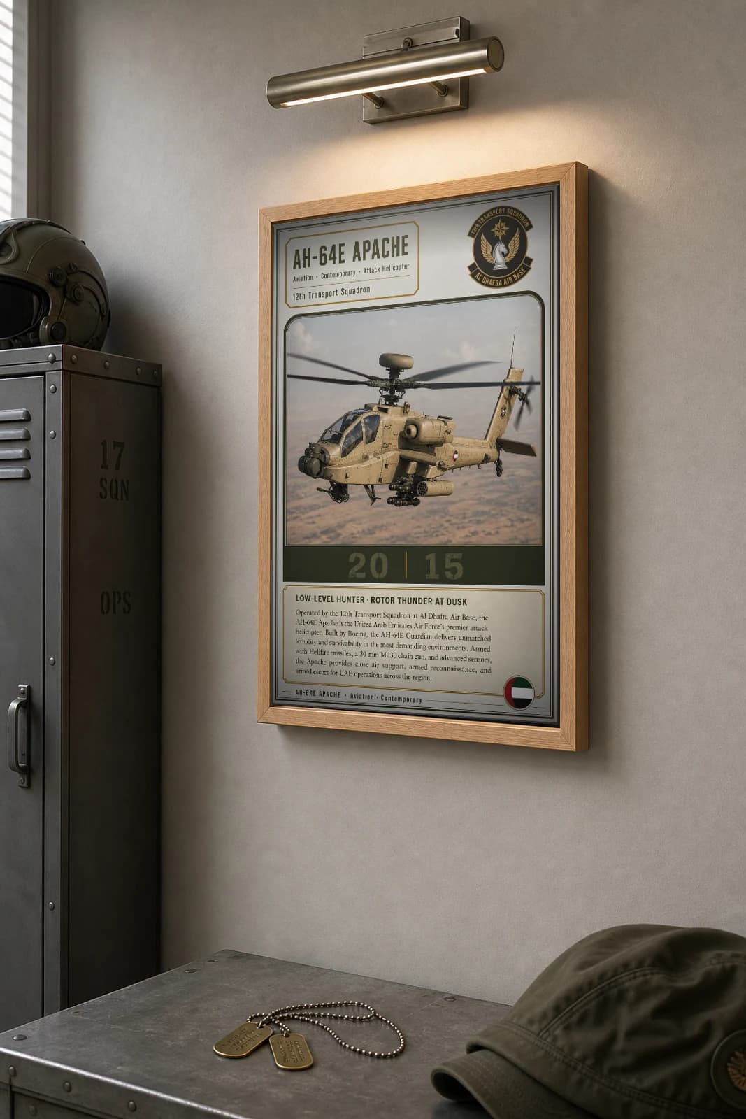 AH-64E Apache Poster — 12th Transport Squadron military aviation wall art · framed A2 · 2015 — the framed print shown at a three-quarter angle on a styled gallery wall in a natural-oak frame