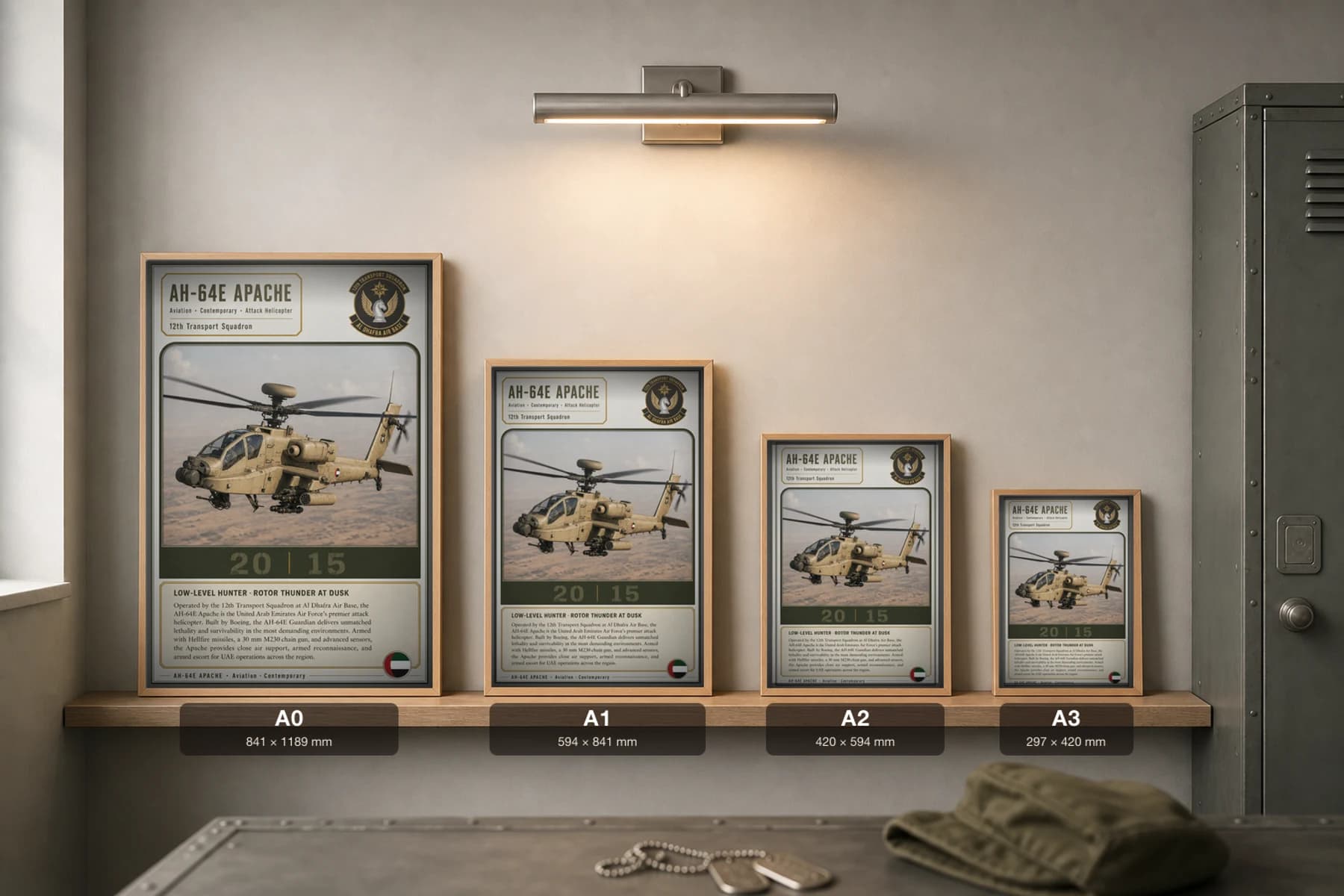 AH-64E Apache Poster — 12th Transport Squadron military aviation wall art · framed A2 · 2015 — print size guide showing the artwork at A0, A1, A2 and A3 in natural-oak frames at true relative scale