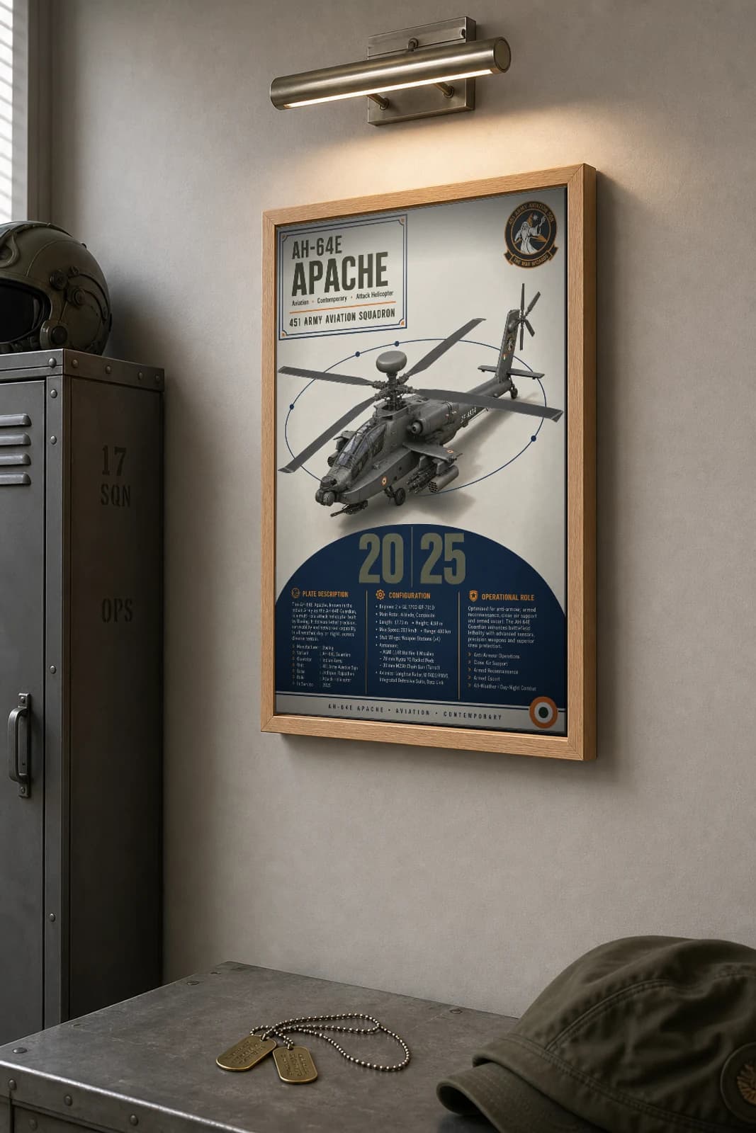 AH-64E Apache Poster — 451 Army Aviation Squadron military aviation wall art · framed A2 · 2025 — the framed print shown at a three-quarter angle on a styled gallery wall in a natural-oak frame