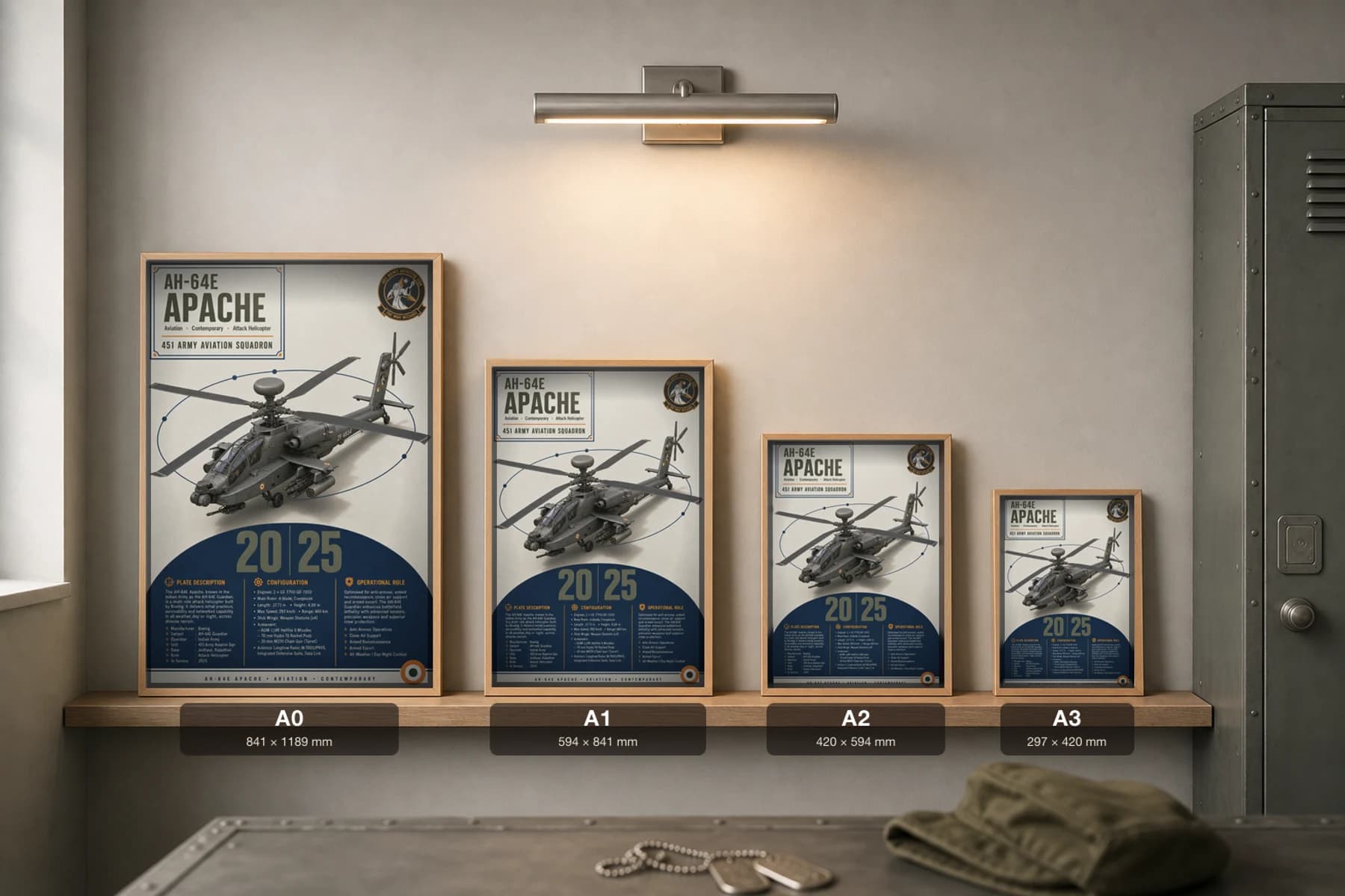 AH-64E Apache Poster — 451 Army Aviation Squadron military aviation wall art · framed A2 · 2025 — print size guide showing the artwork at A0, A1, A2 and A3 in natural-oak frames at true relative scale