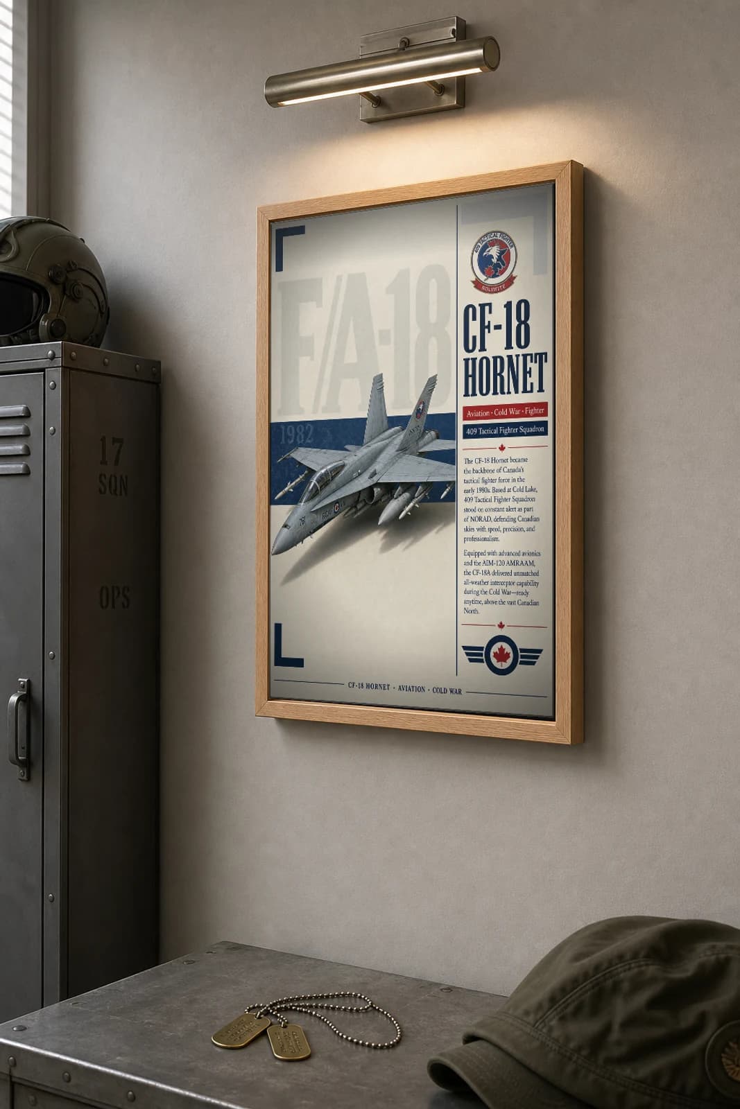 CF-18 Hornet Poster — 409 Tactical Fighter Squadron (Nighthawks) military aviation wall art · framed A2 · 1982 — the framed print shown at a three-quarter angle on a styled gallery wall in a natural-oak frame