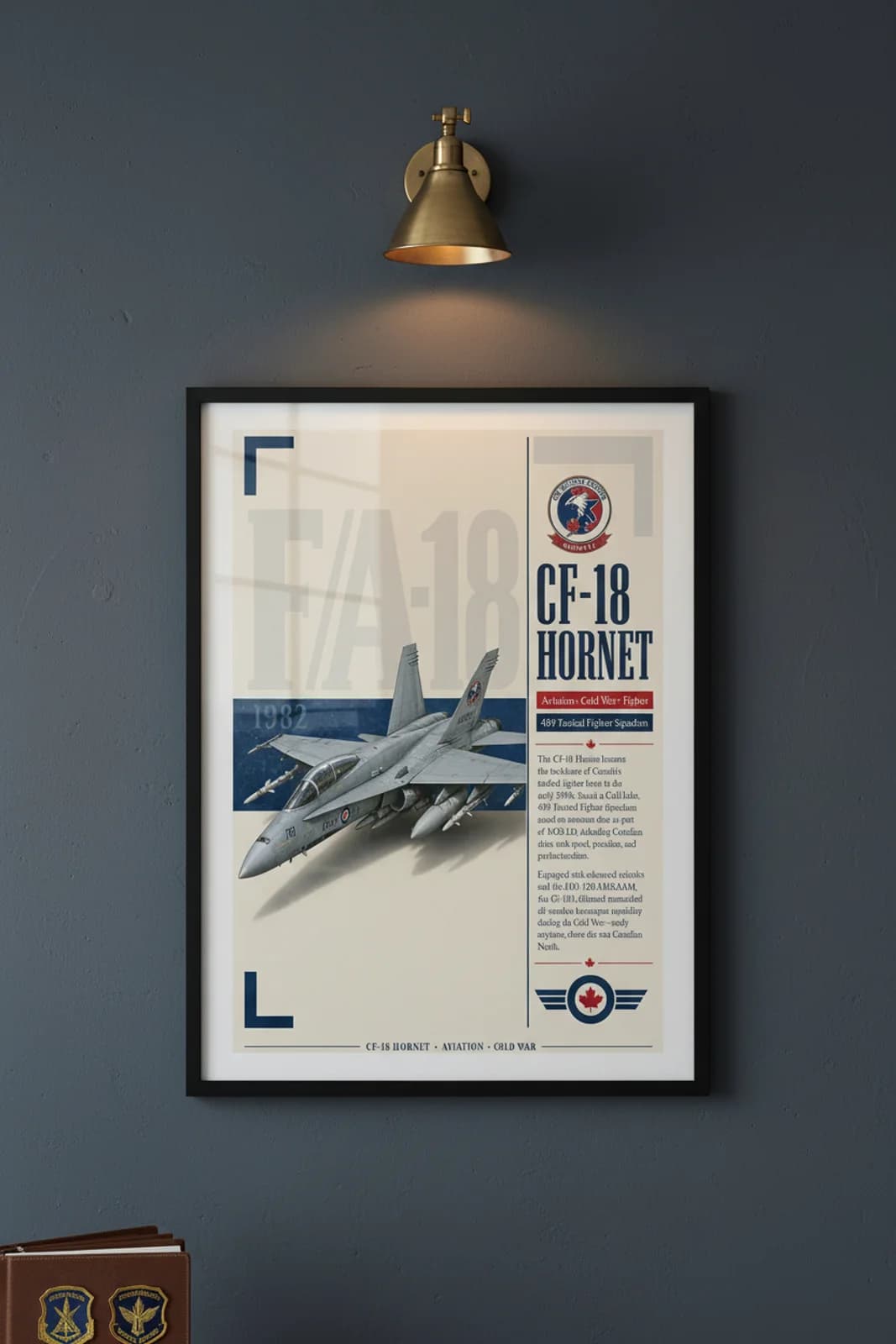 CF-18 Hornet aviation poster in black A2 frame on rcaf-grey navy hangar wall — Aviation Heroes mockup