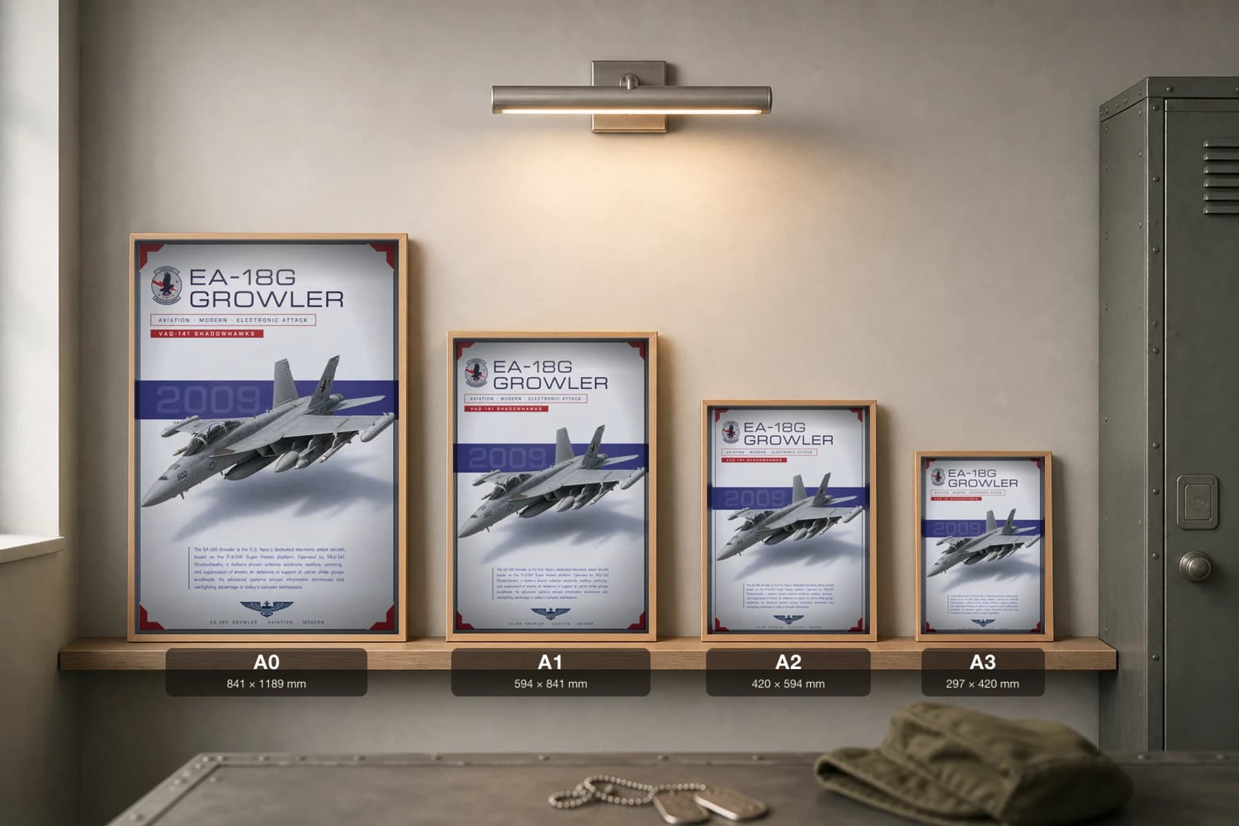 EA-18G Growler Poster — VAQ-141 Shadowhawks military aviation wall art · framed A2 · 2009 — print size guide showing the artwork at A0, A1, A2 and A3 in natural-oak frames at true relative scale