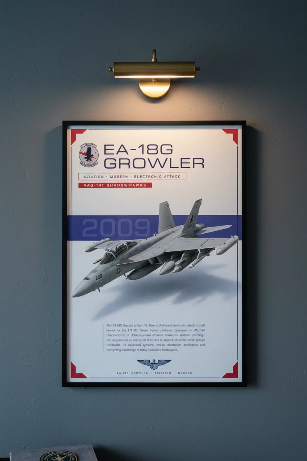 EA-18G GROWLER aviation poster in black A2 frame on low-vis-grey navy hangar wall — Aviation Heroes mockup