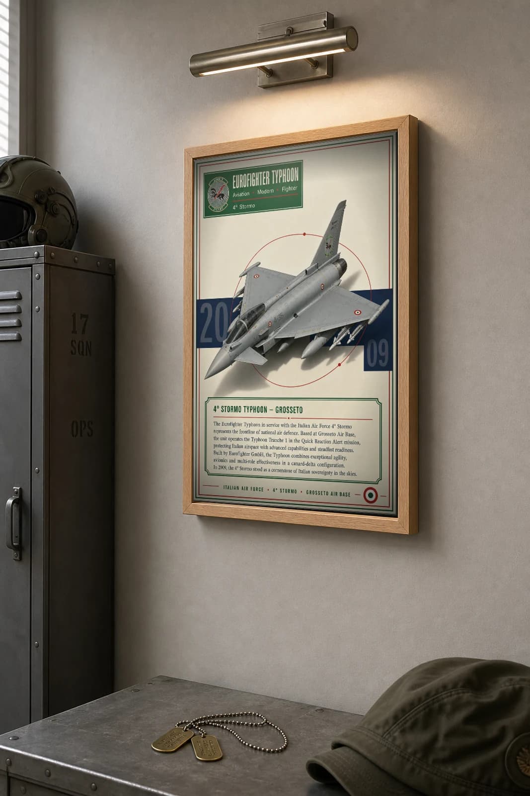 Eurofighter Typhoon Poster — 4° Stormo military aviation wall art · framed A2 · 2009 — the framed print shown at a three-quarter angle on a styled gallery wall in a natural-oak frame