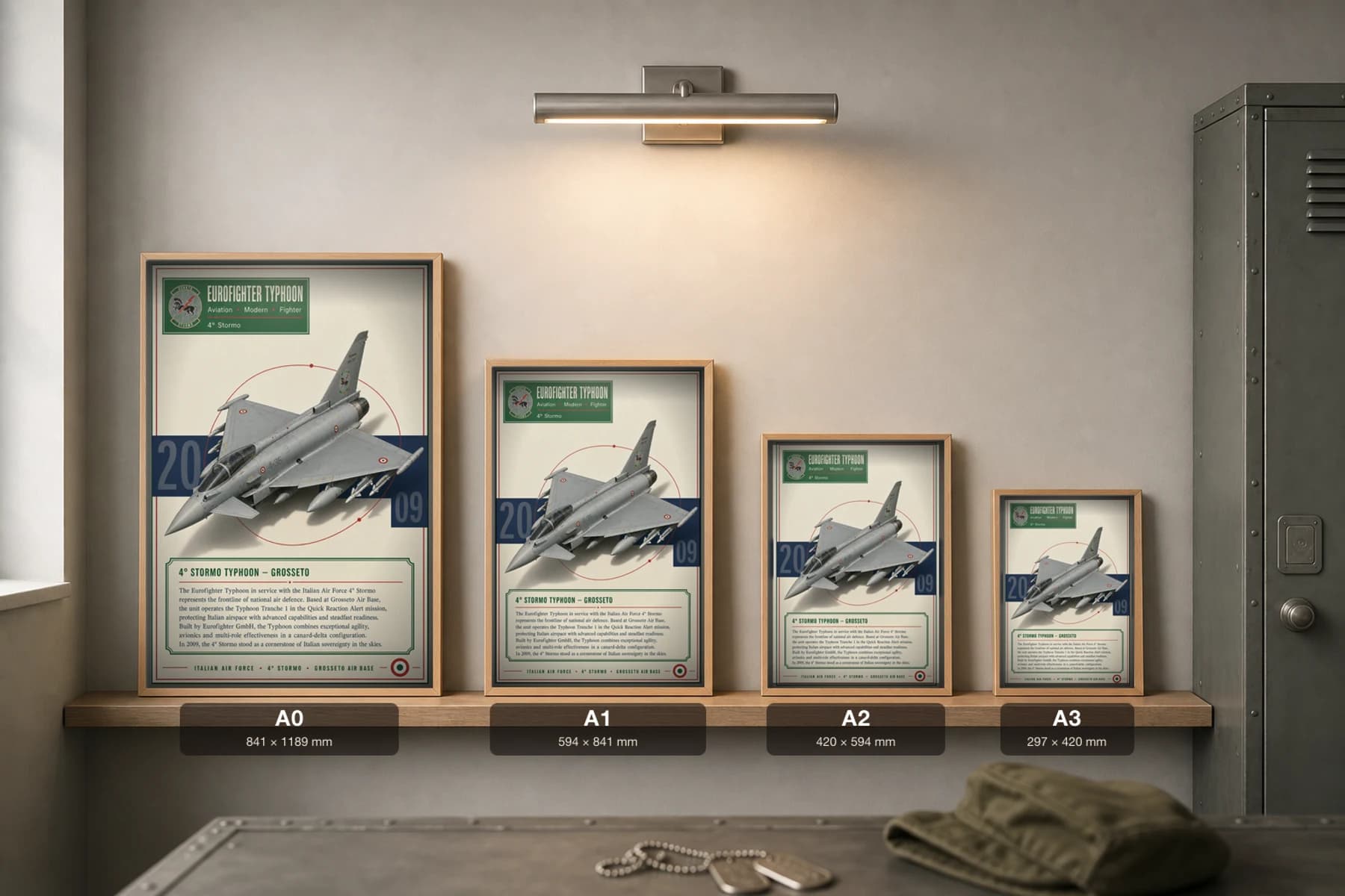 Eurofighter Typhoon Poster — 4° Stormo military aviation wall art · framed A2 · 2009 — print size guide showing the artwork at A0, A1, A2 and A3 in natural-oak frames at true relative scale