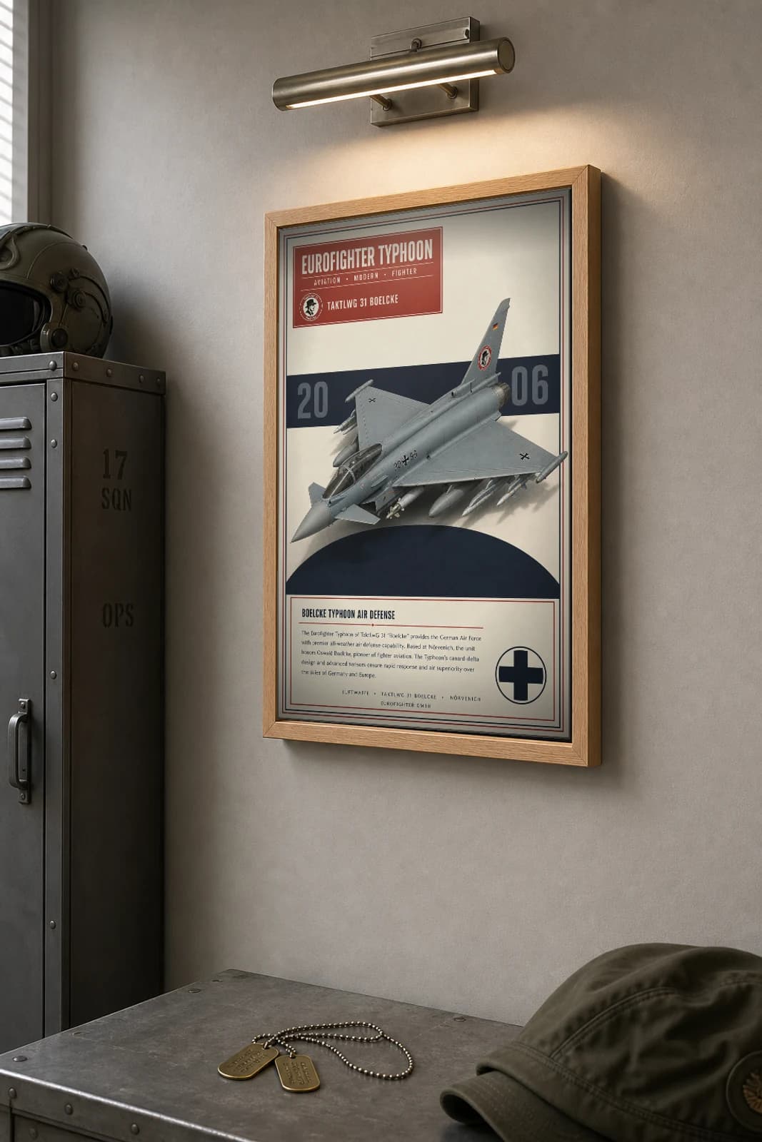 Eurofighter Typhoon Poster — TaktLwG 31 Boelcke military aviation wall art · framed A2 · 2006 — the framed print shown at a three-quarter angle on a styled gallery wall in a natural-oak frame