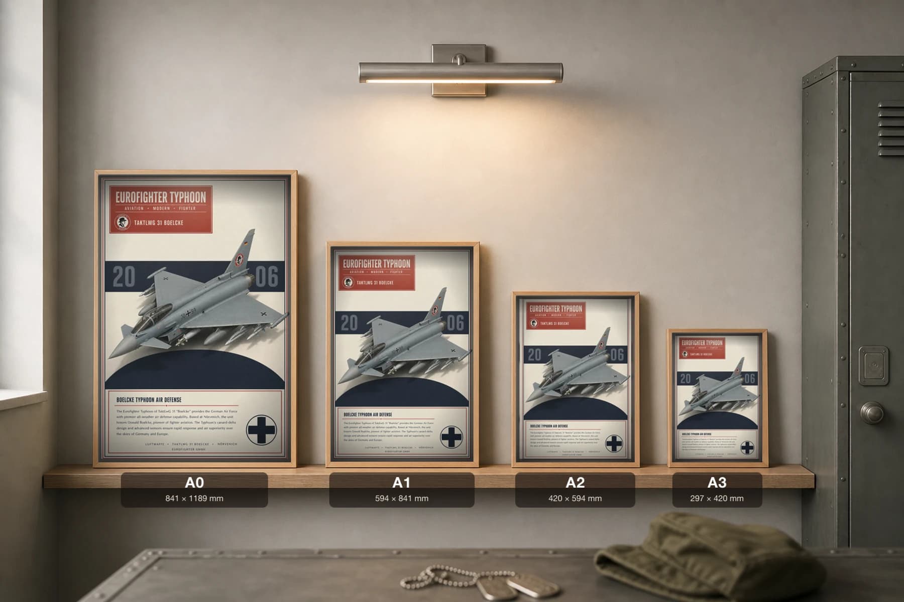 Eurofighter Typhoon Poster — TaktLwG 31 Boelcke military aviation wall art · framed A2 · 2006 — print size guide showing the artwork at A0, A1, A2 and A3 in natural-oak frames at true relative scale