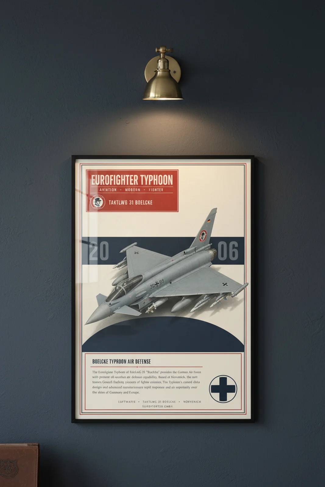 Eurofighter Typhoon aviation poster in black A2 frame on low-vis-grey navy hangar wall — Aviation Heroes mockup