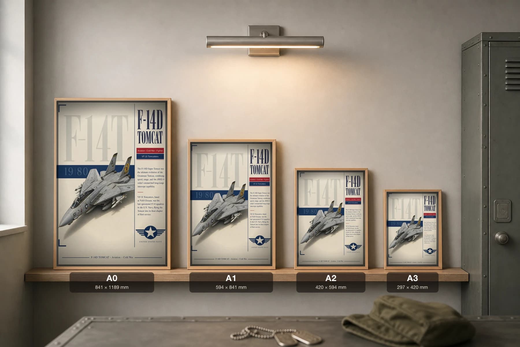 F-14 Tomcat Poster — VF-31 Tomcatters military aviation wall art · framed A2 · 1980–2006 — print size guide showing the artwork at A0, A1, A2 and A3 in natural-oak frames at true relative scale