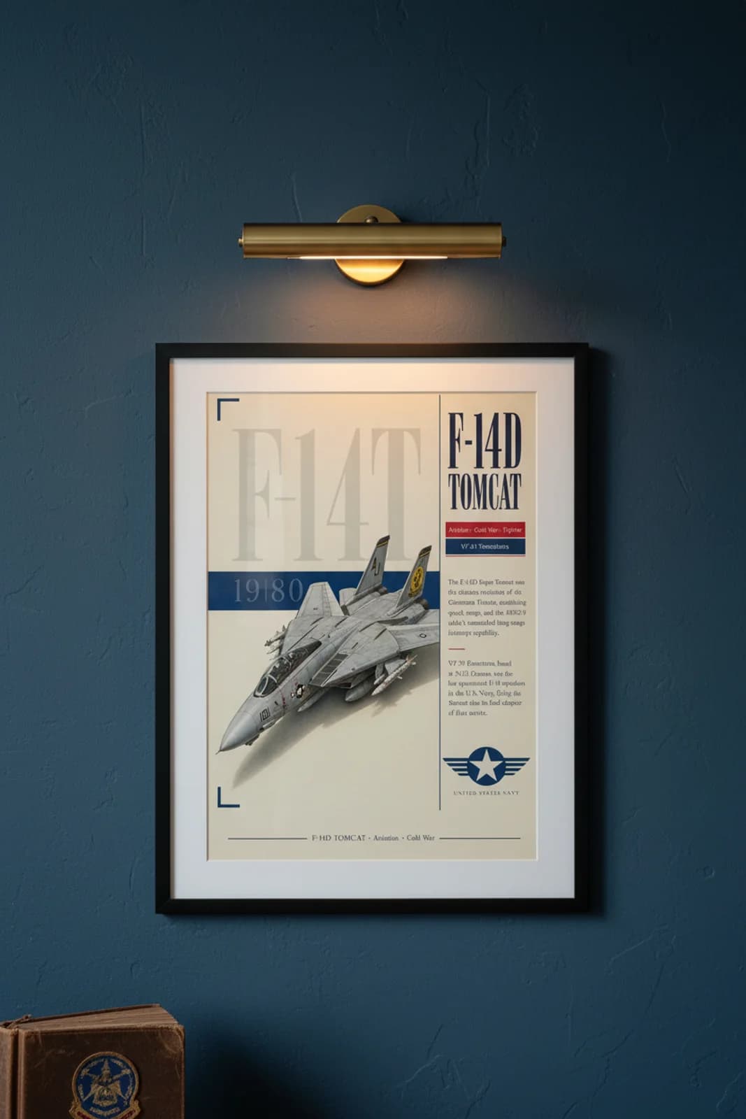 F-14D Tomcat aviation poster in black A2 frame on us-navy-grey navy hangar wall — Aviation Heroes mockup