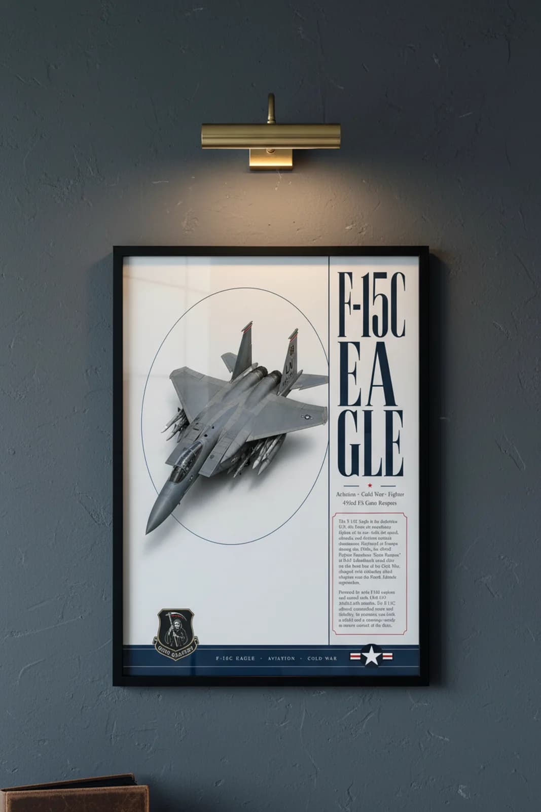 F-15C Eagle aviation poster in black A2 frame on usaf-grey navy hangar wall — Aviation Heroes mockup