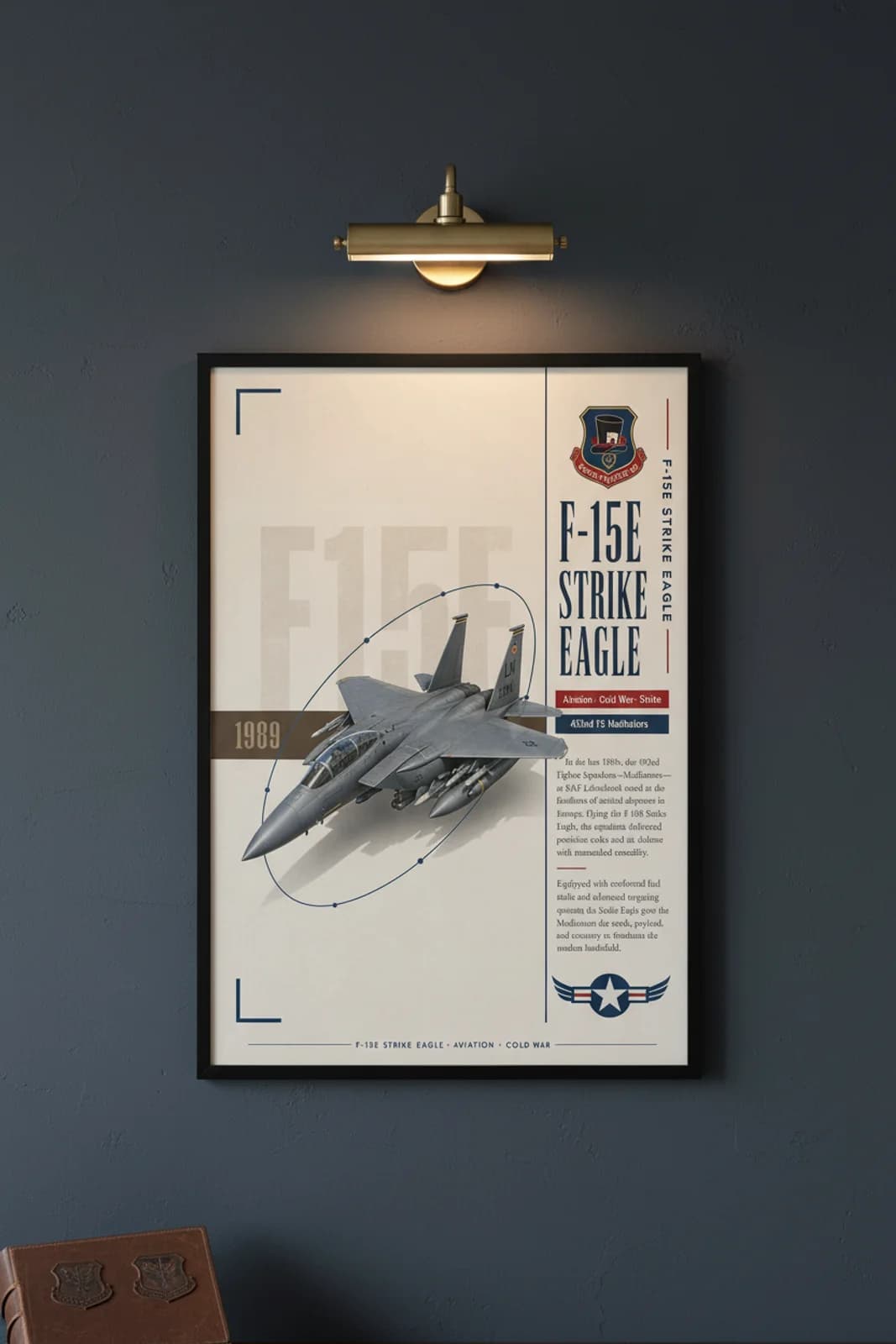 F-15E Strike Eagle aviation poster in black A2 frame on usaf-grey navy hangar wall — Aviation Heroes mockup