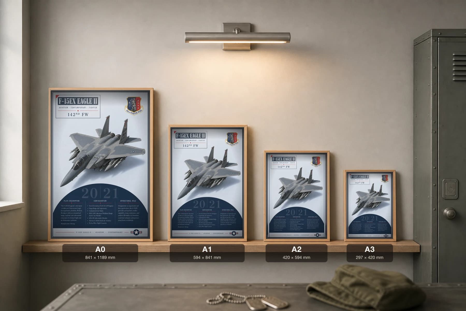 F-15EX Eagle II Poster — 142nd Fighter Wing military aviation wall art · framed A2 · 2021 — print size guide showing the artwork at A0, A1, A2 and A3 in natural-oak frames at true relative scale