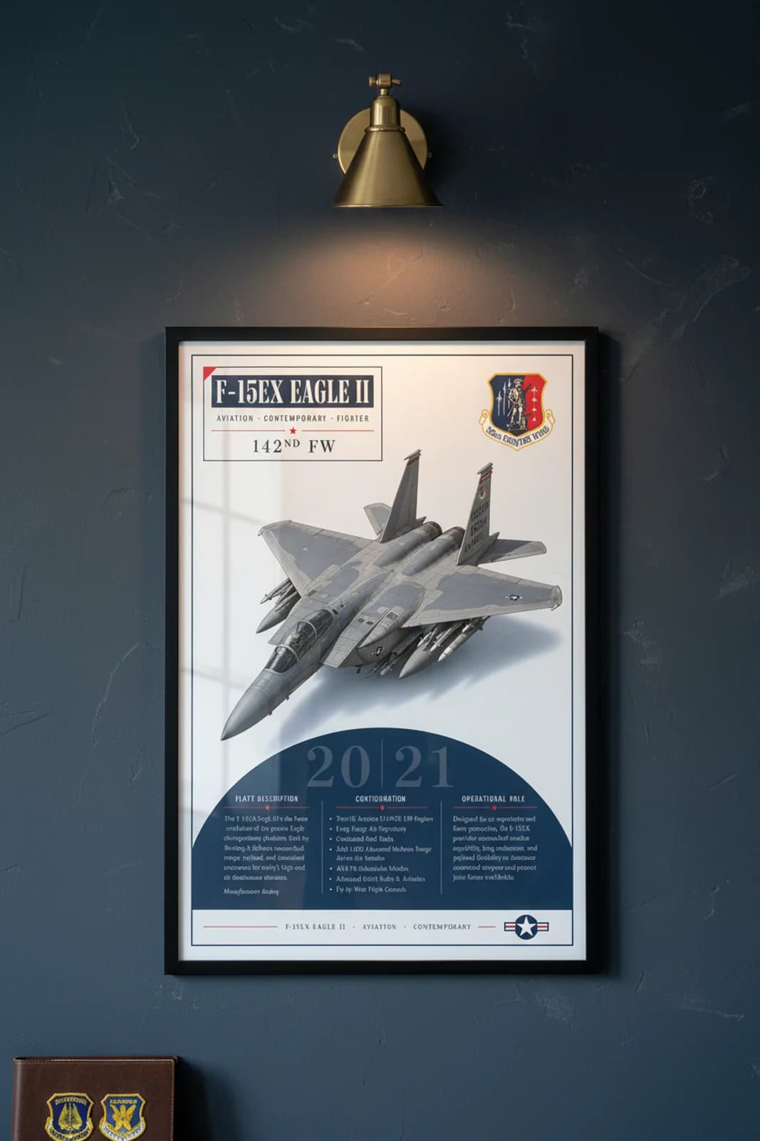 F-15EX Eagle II aviation poster in black A2 frame on ghost-grey navy hangar wall — Aviation Heroes mockup