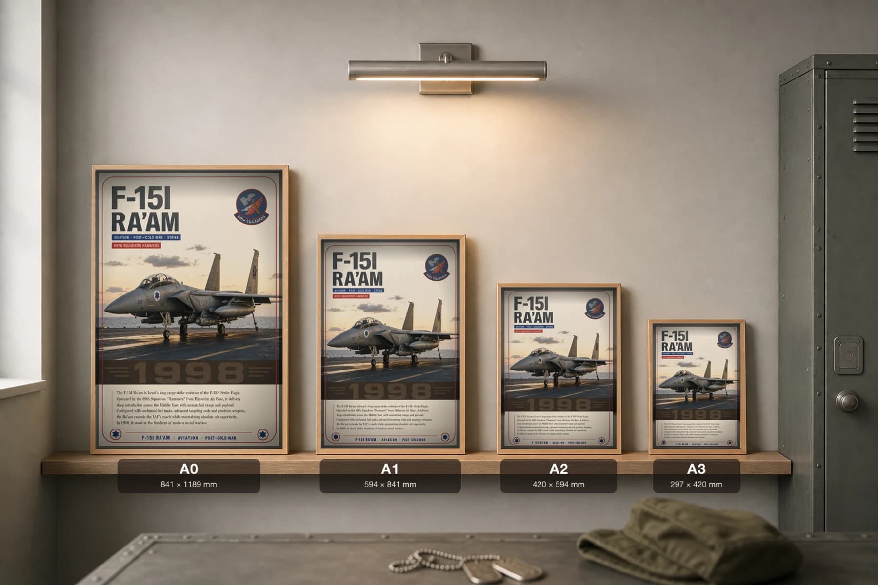 F-15I Ra'am Poster — 69th Squadron Hammers military aviation wall art · framed A2 · 1998 — print size guide showing the artwork at A0, A1, A2 and A3 in natural-oak frames at true relative scale