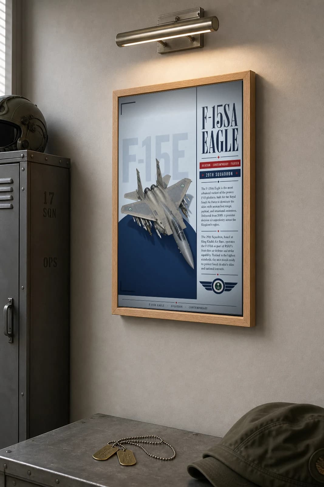 F-15SA Eagle Poster — 29th Squadron military aviation wall art · framed A2 · 2015–2020 — the framed print shown at a three-quarter angle on a styled gallery wall in a natural-oak frame